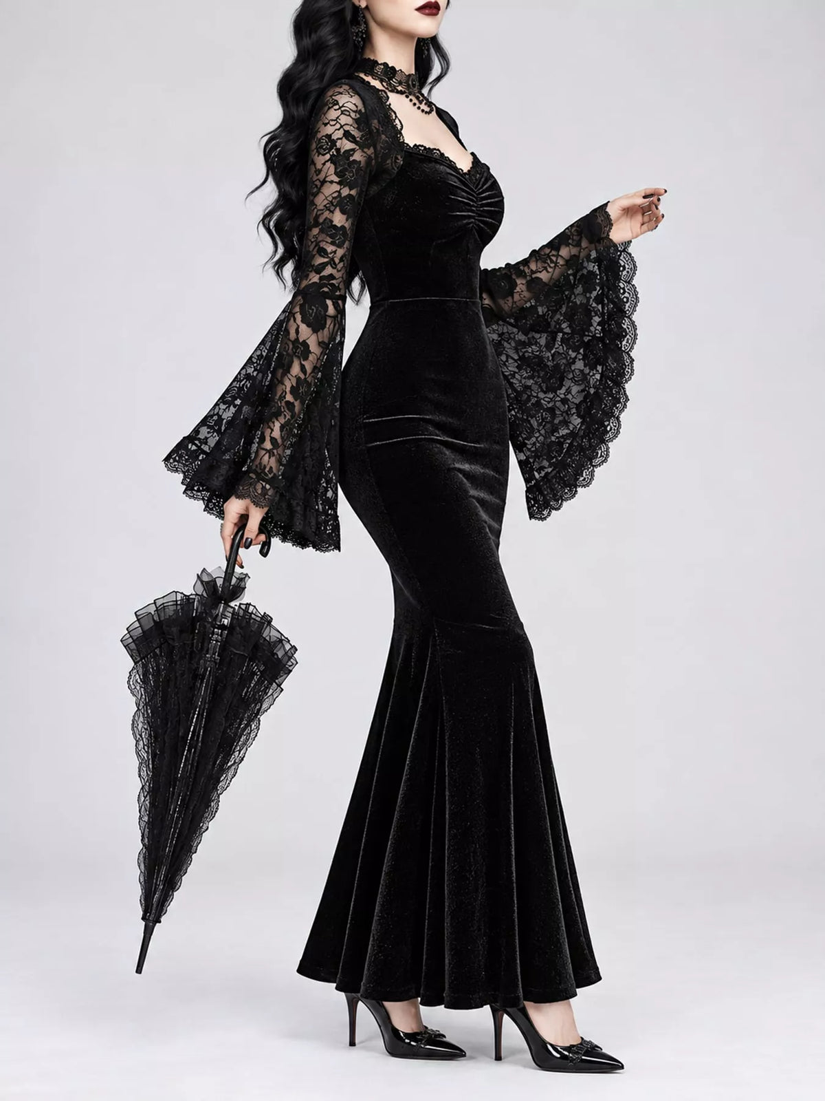 Black lace flare sleeve maxi dress — side view