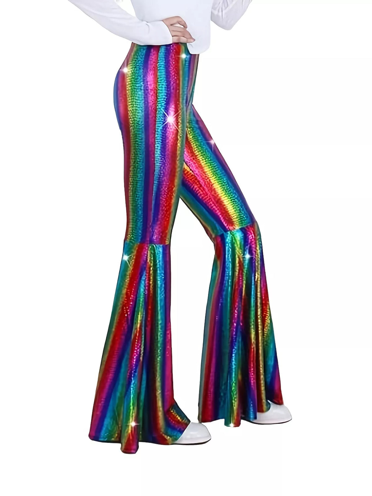 Rainbow high-waisted flare pants — side view