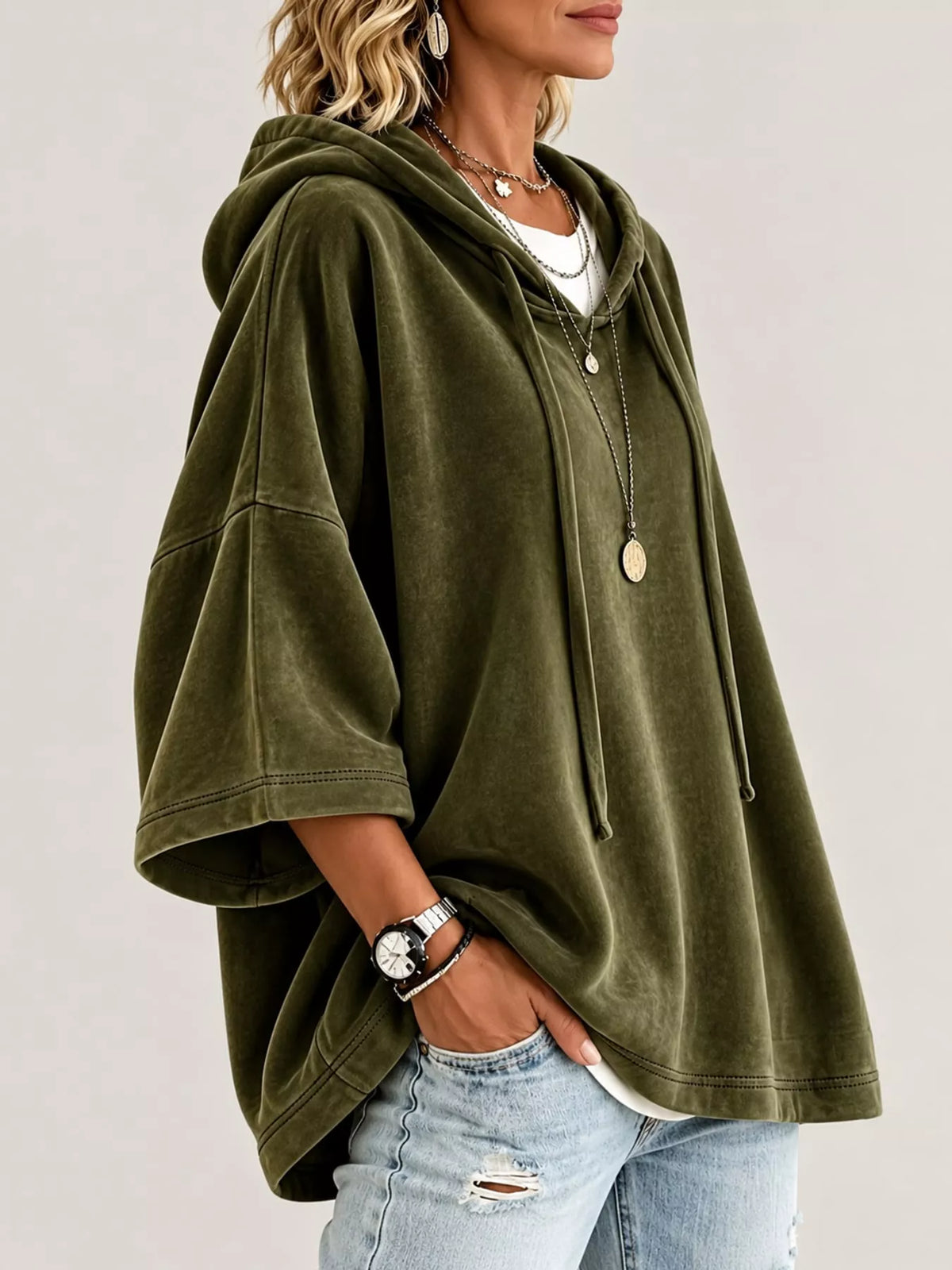 Green velvet half sleeve hoodie with drawstring, side view