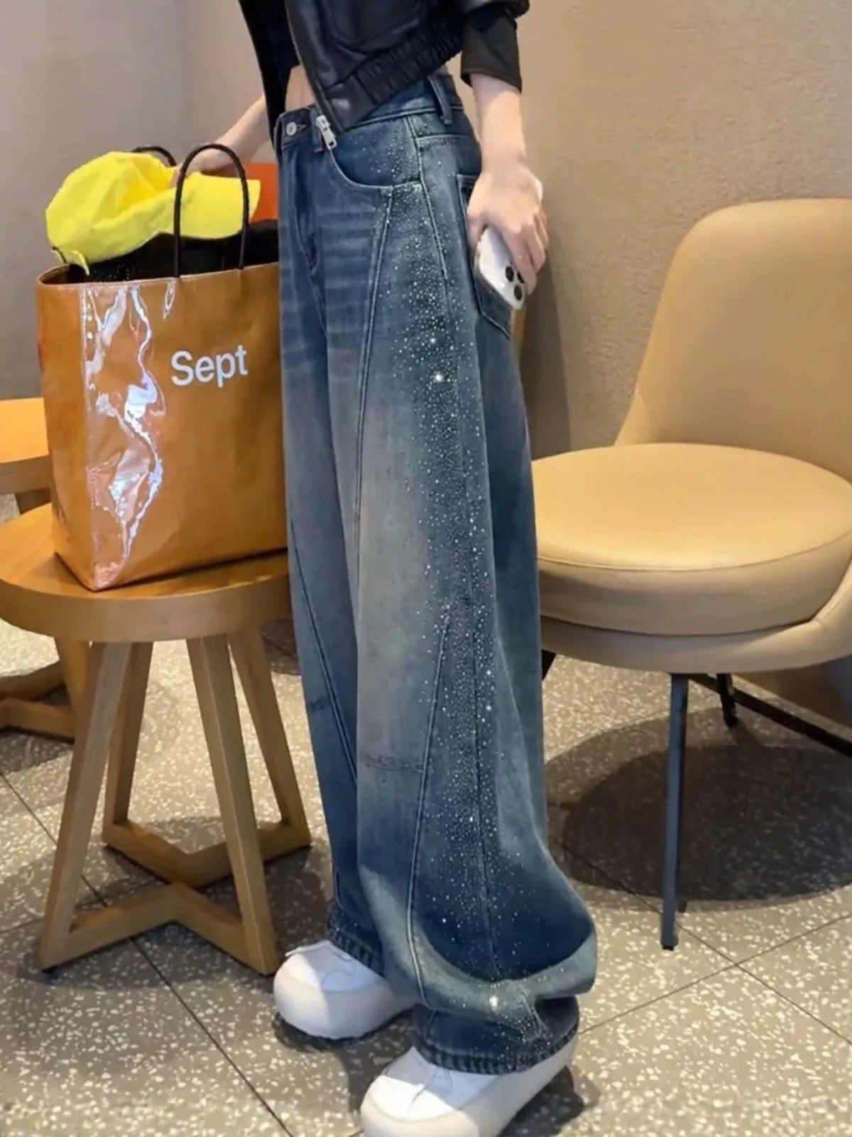 Rhinestone Embellished Wide-Leg Jeans in blue