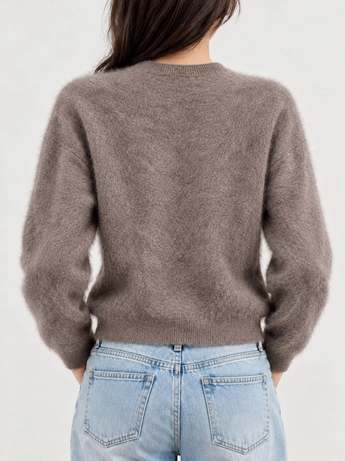 Coffee fuzzy button up cropped cardigan, back view