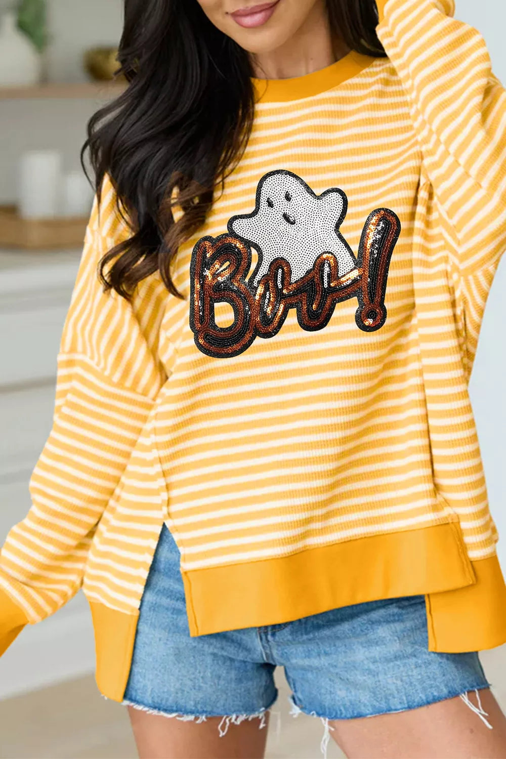 Women's striped Boo sequin ghost Halloween long sleeve top
