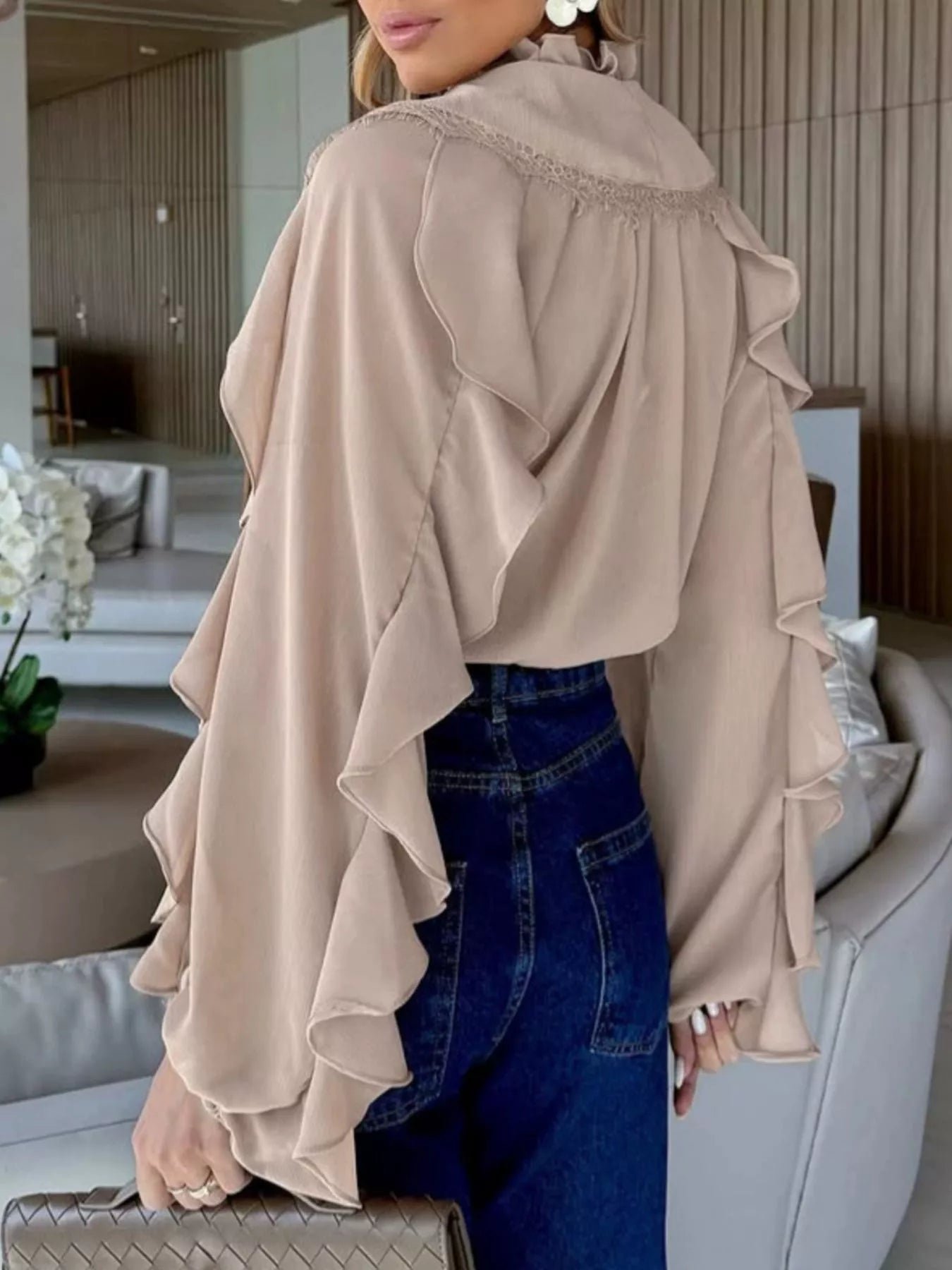 Trendsi V-Neck Ruffled Lace Trim Blouse -