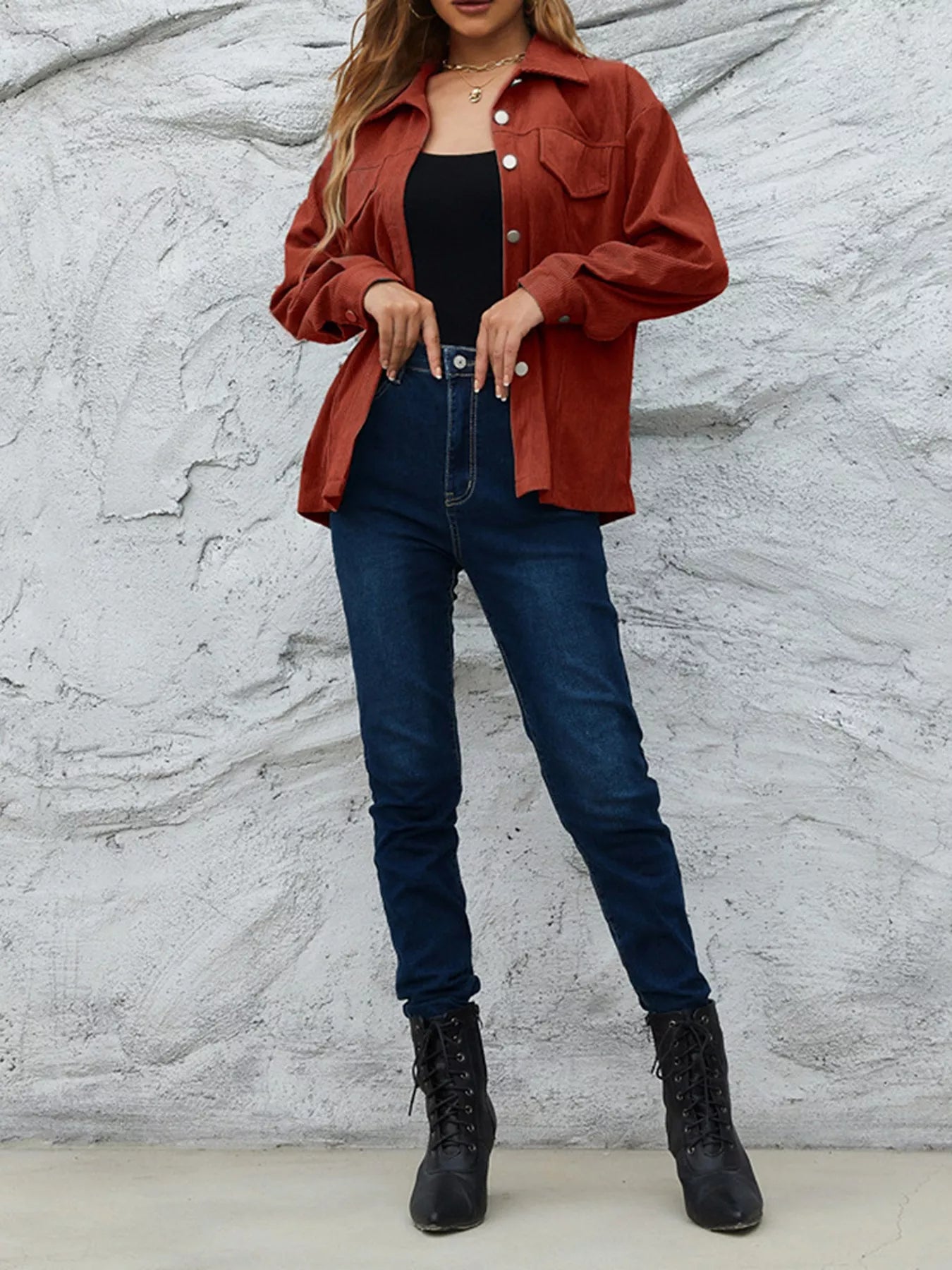 Trendsi Corduroy Button-Down Shirt with Chest Pockets -
