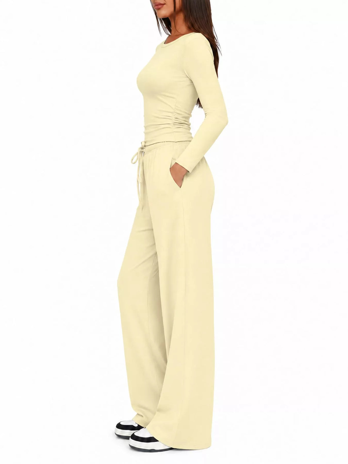 Long Sleeve Top and Wide-Leg Drawstring Pants Set — side view