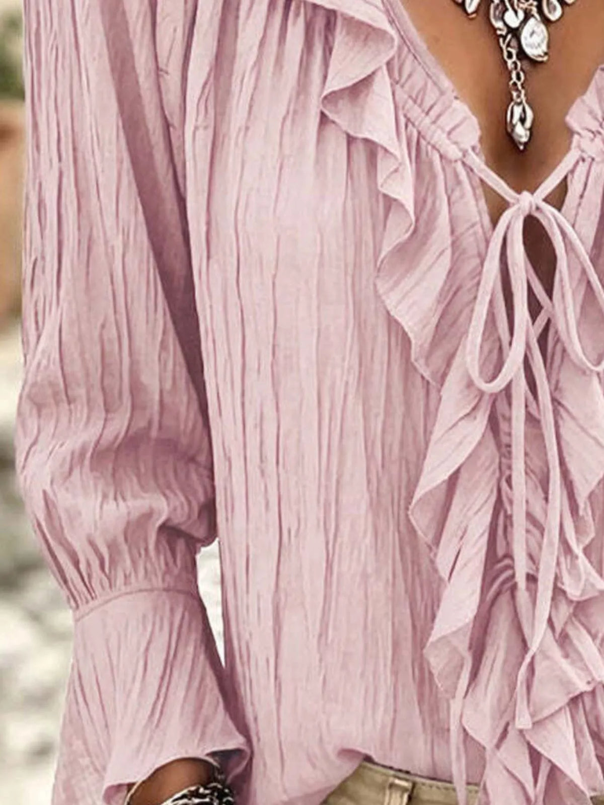 Sage Ruffled Tie Neck Long Sleeve Blouse back view