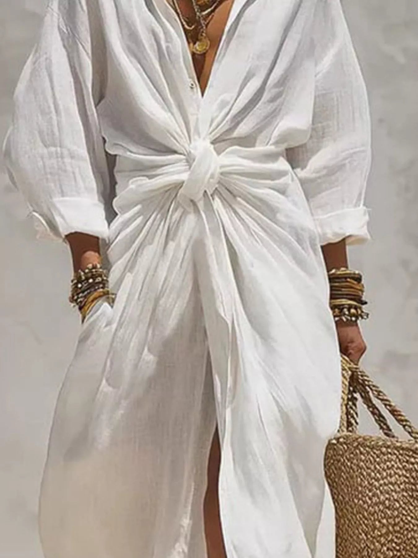 Trendsi Front-Tie Maxi Shirt Dress -