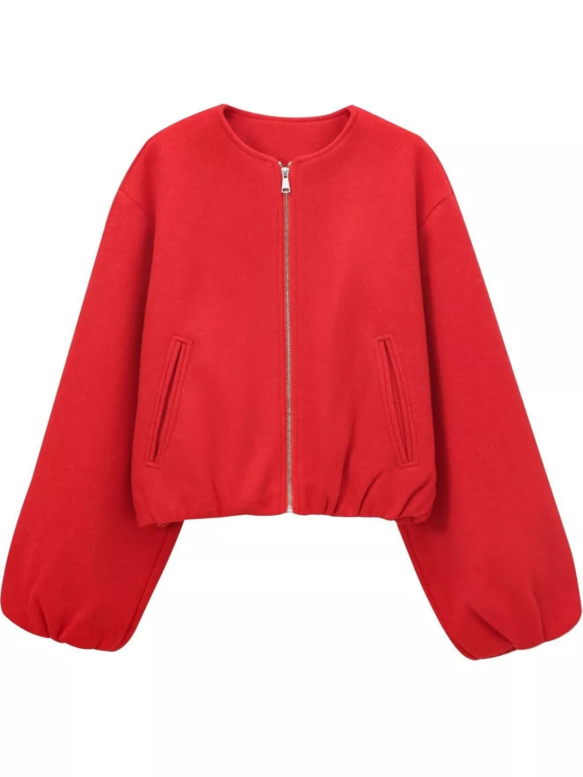 Red zip-up long sleeve jacket — front view