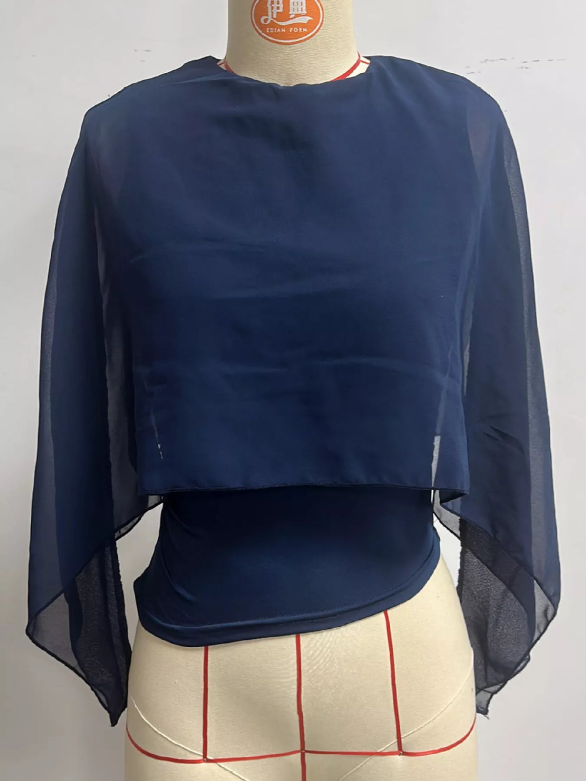 Navy cape sleeve round neck blouse
