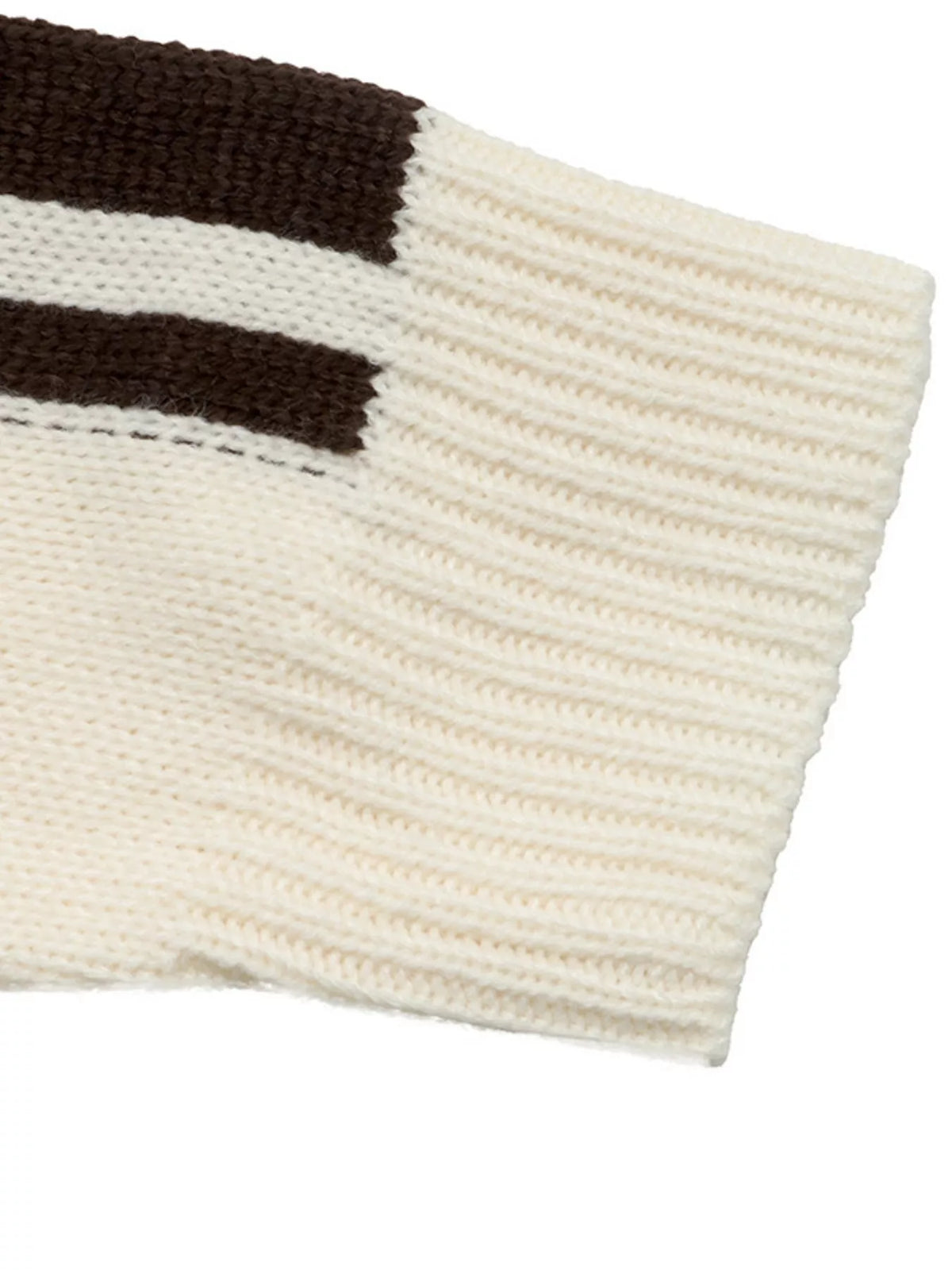 Cream Chinese knot button cardigan with sleeve stripes, striped sleeve and ribbed cuff