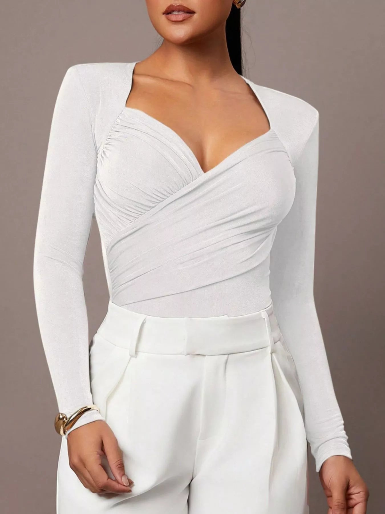 Trendsi Ruched Surplice Long Sleeve Bodysuit -