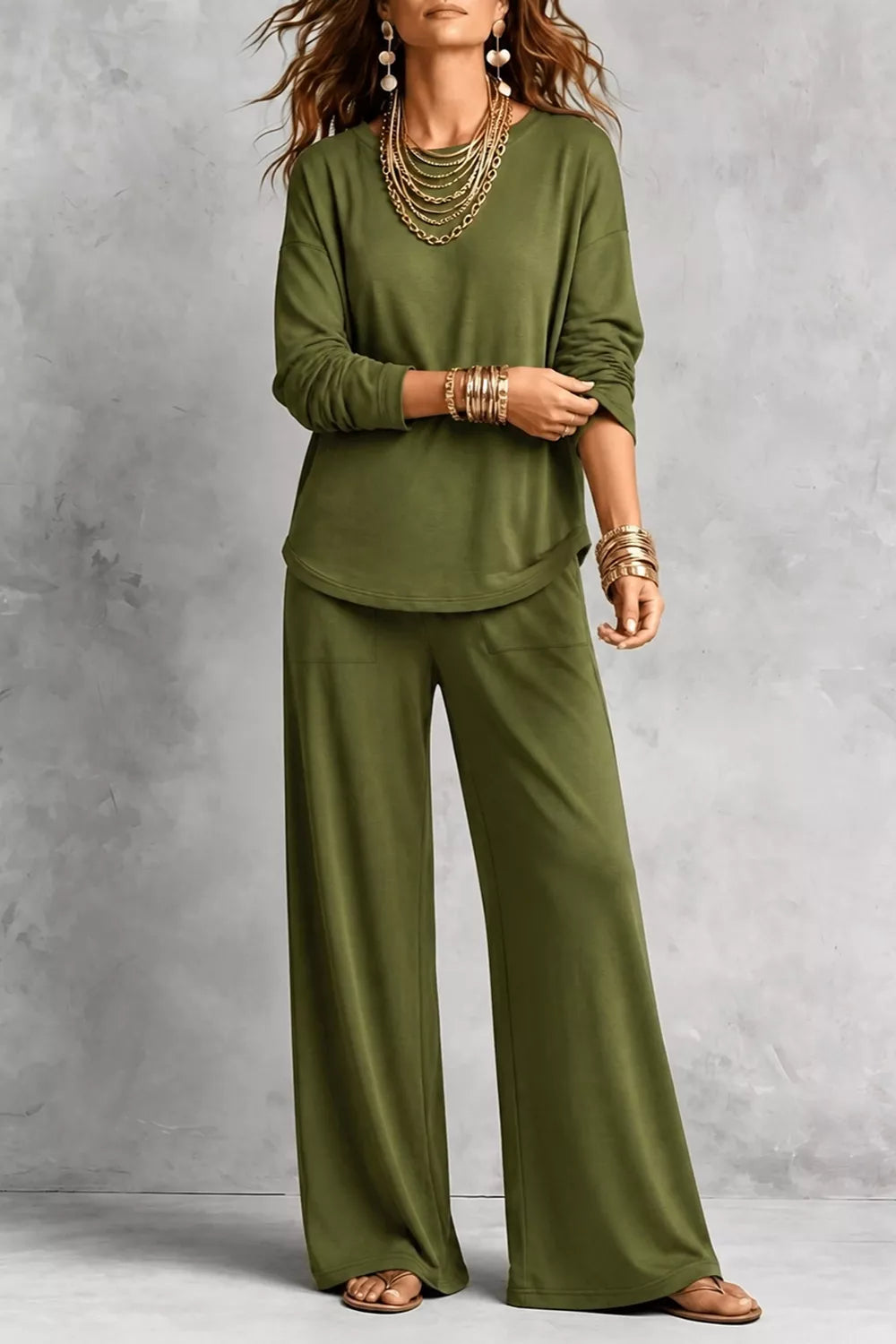 Trendsi Long Sleeve Top and Wide-Leg Pants Set -