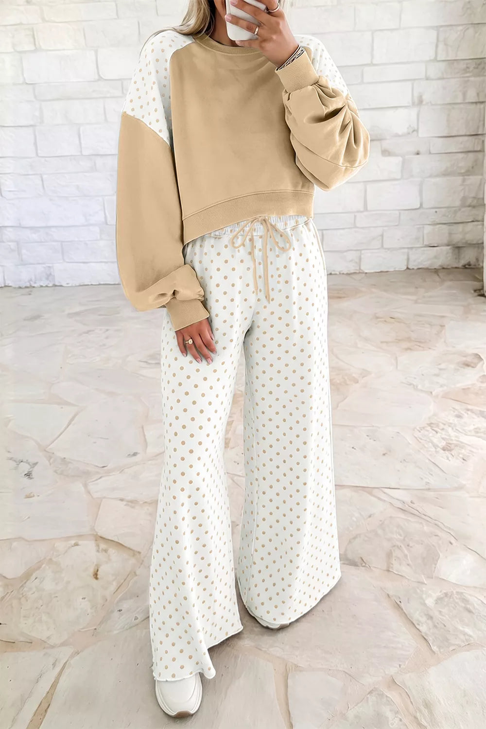 Trendsi Polka Dot Patchwork Colorblock Long Sleeve Casual Two Piece Pants Set -