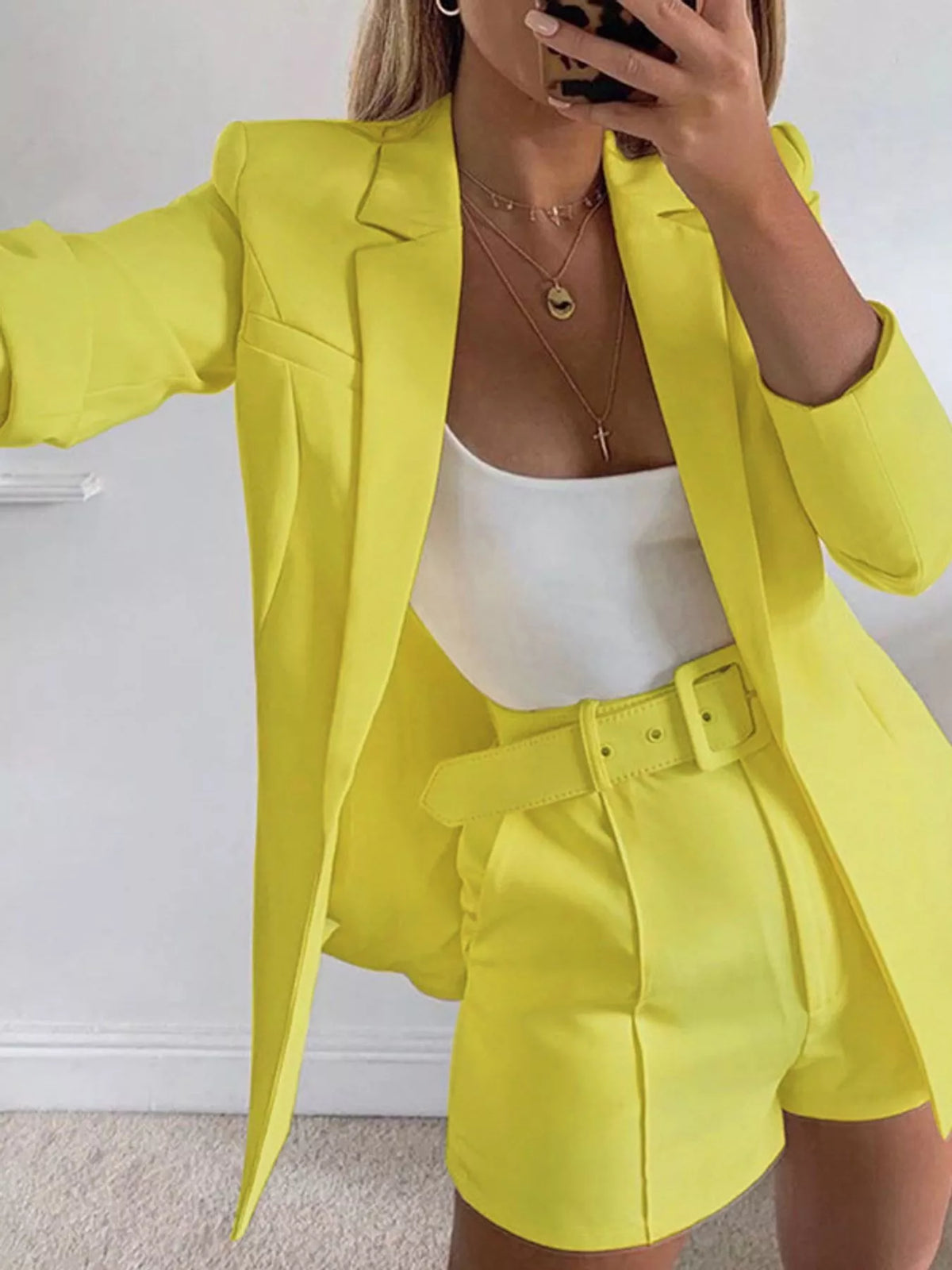 Collared long sleeve outfit set, front view on model