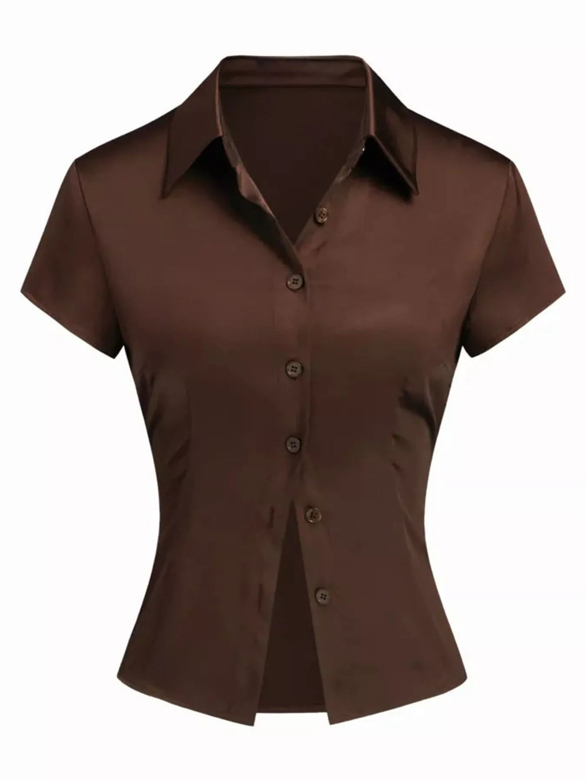 Satin Short Sleeve Button-Down Shirt in brown