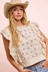 Trendsi BiBi Flower Printed Ruffle Sleeve Trim Detail Top -