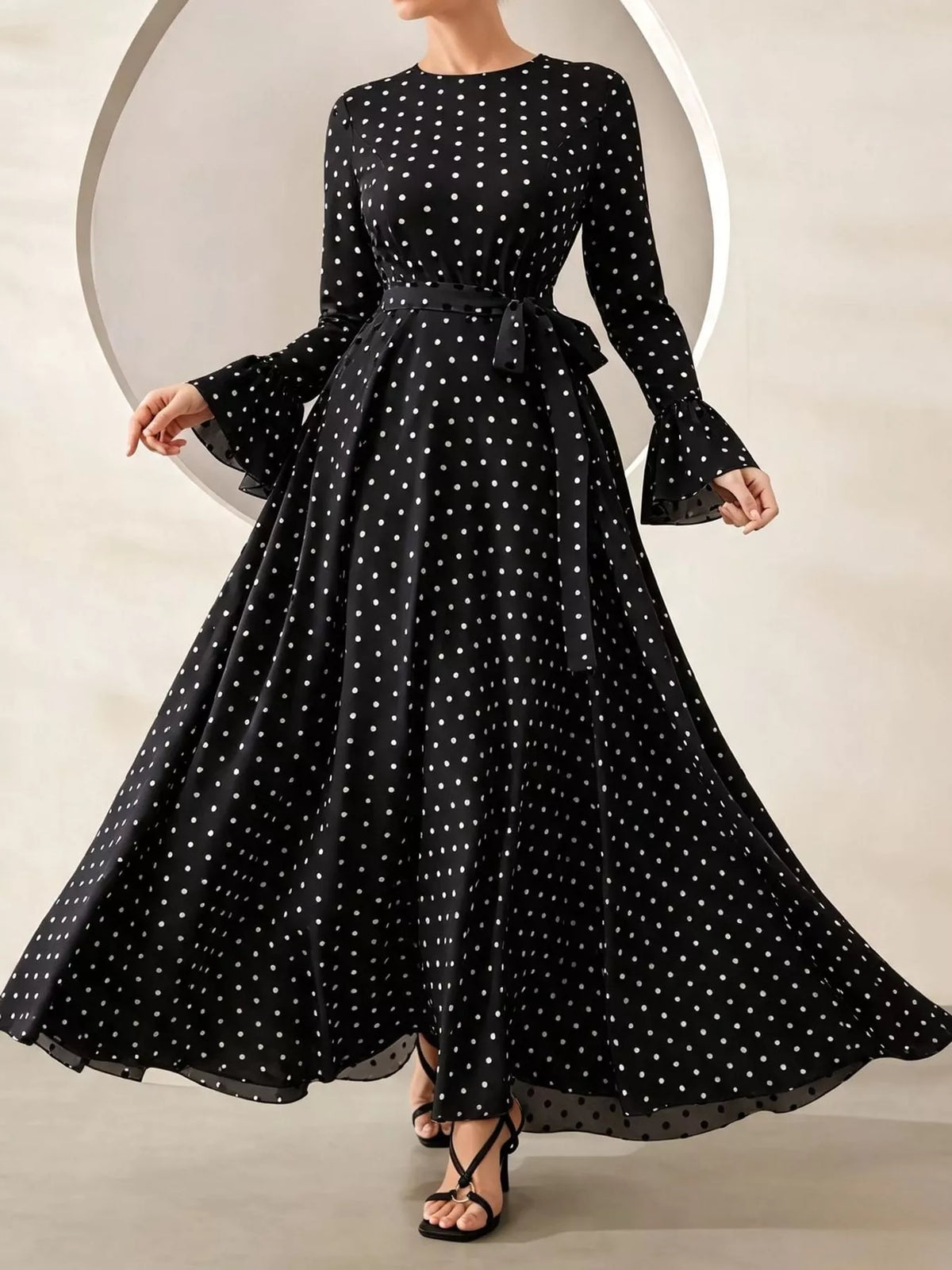 Polka Dot Long Sleeve Maxi Dress with Waist Tie in black and white