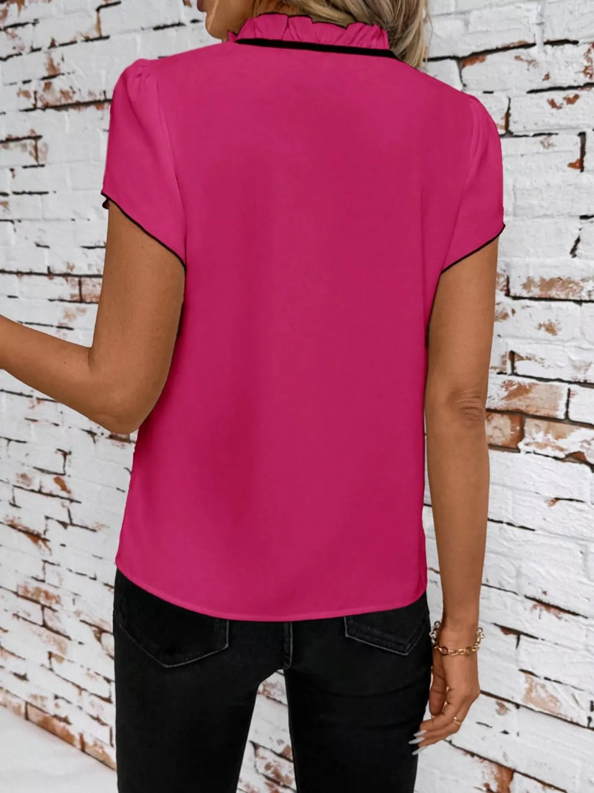 Contrast Trim Ruffle Sleeve Tie-Front Blouse, back view in pink and black