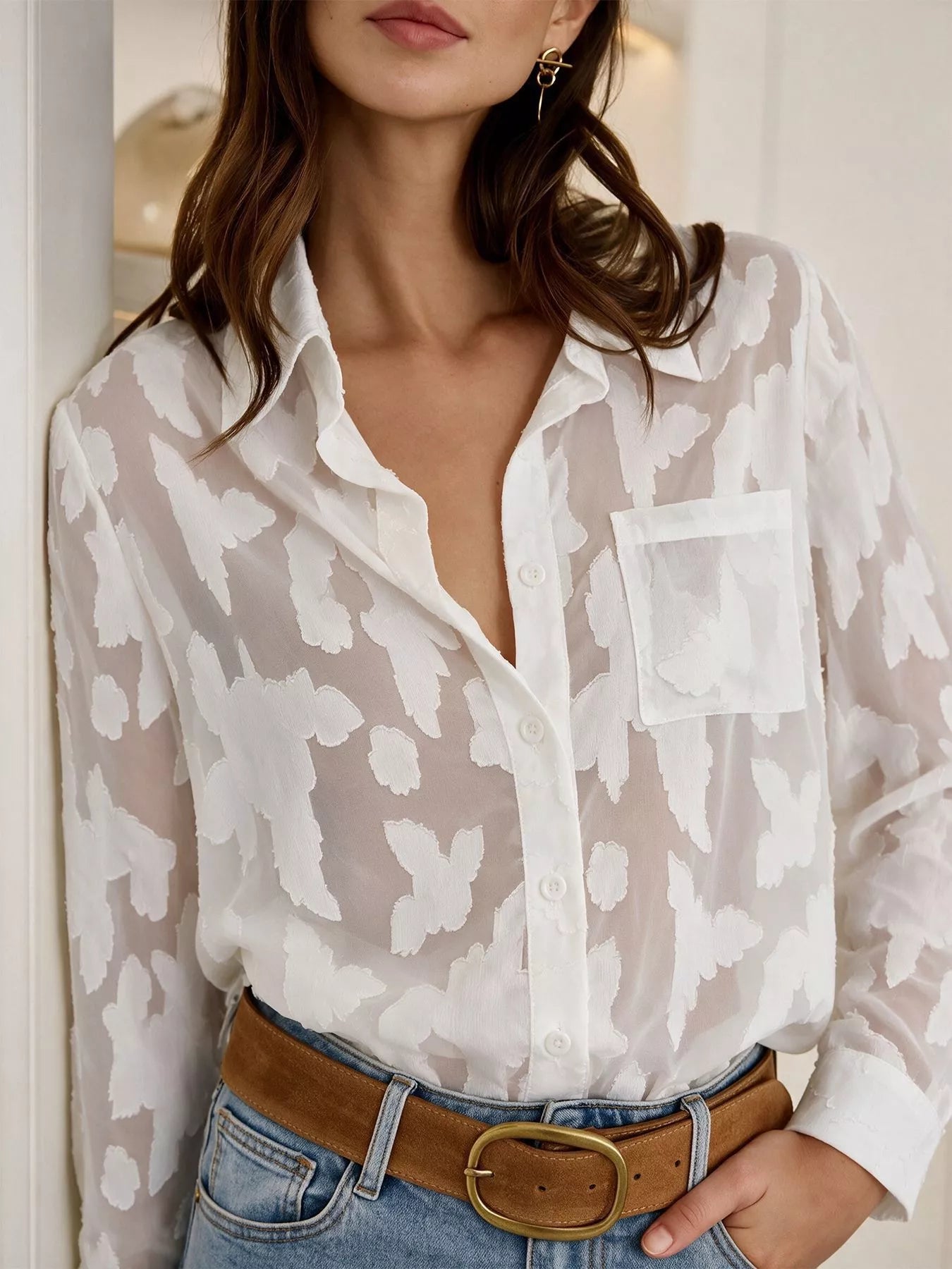 Trendsi Sheer Button-Down Shirt -