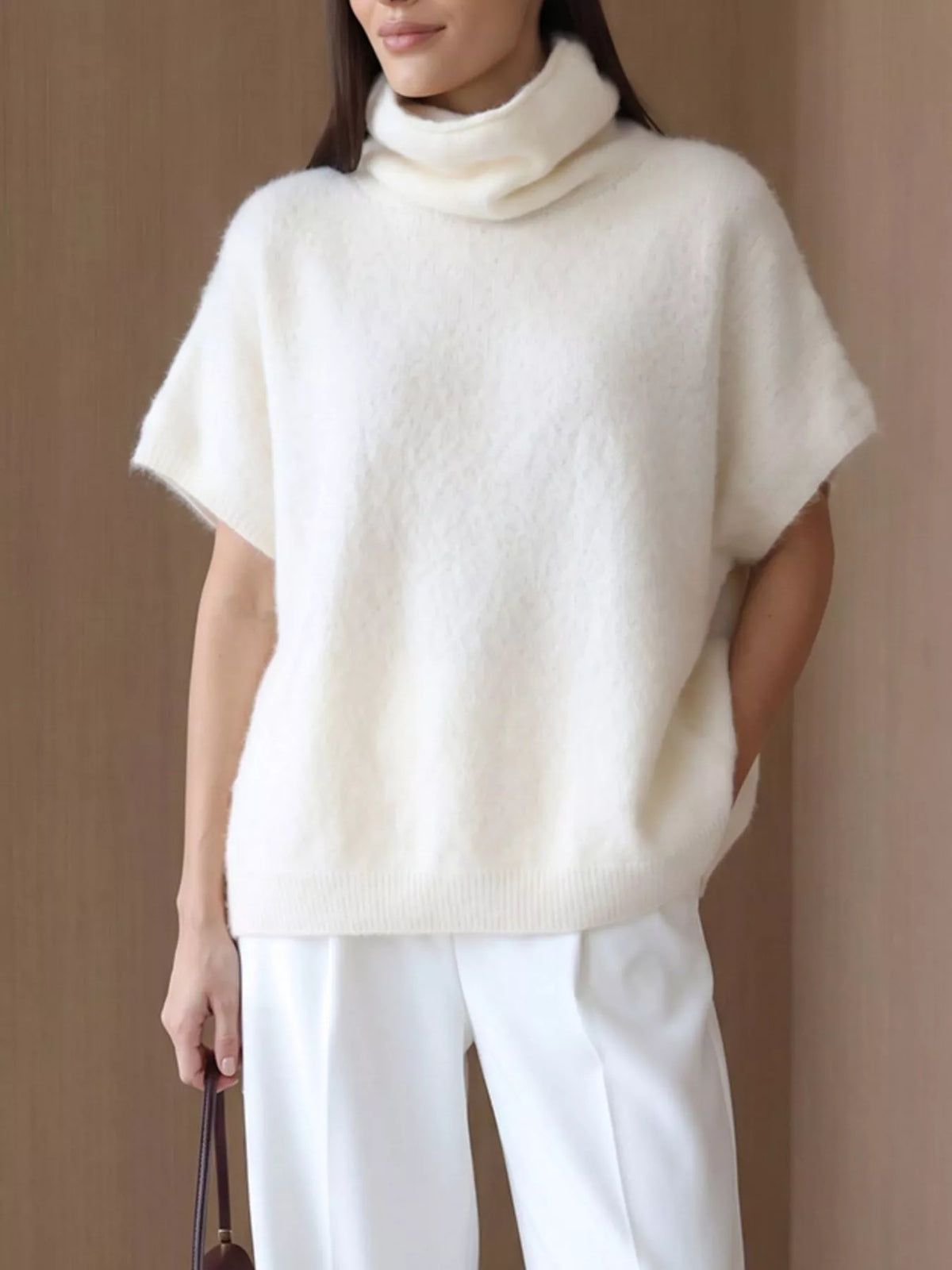 Fuzzy short-sleeve turtleneck sweater in cream, full front view