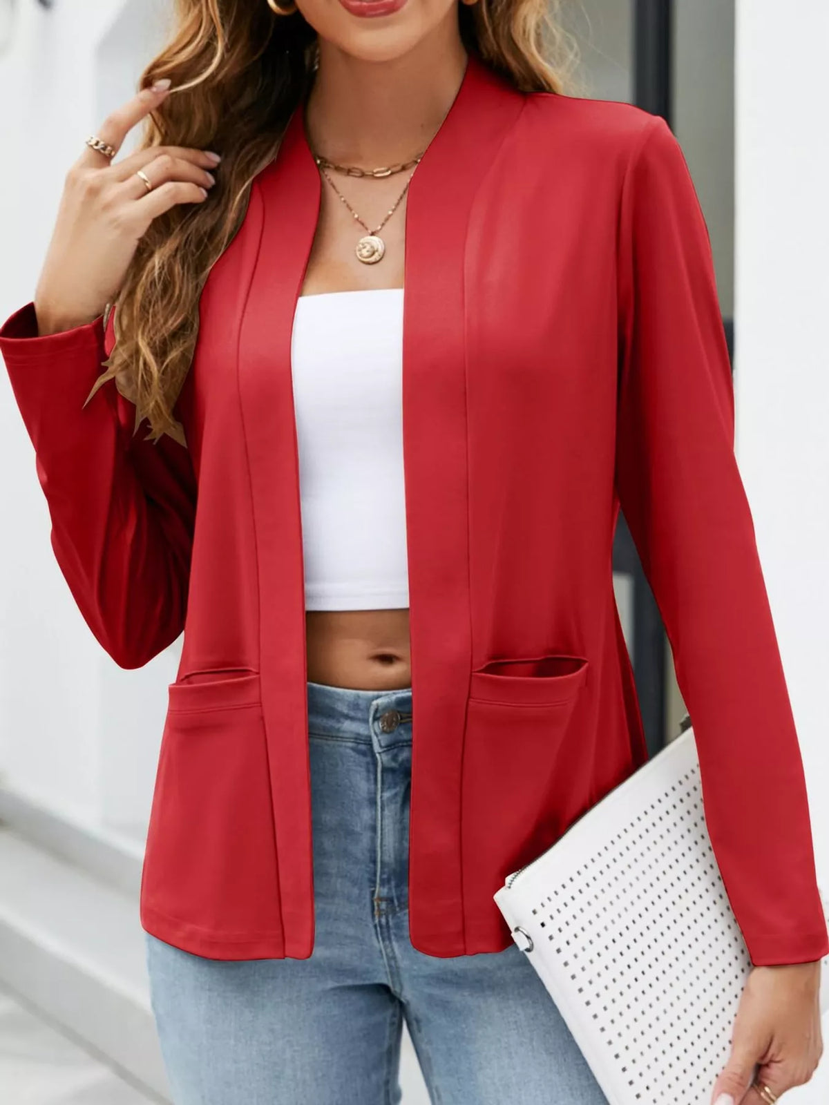Mandarin neck long sleeve blazer, front view on model