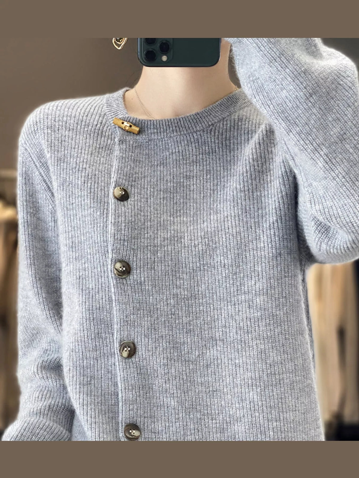 Light Gray ribbed knit asymmetrical button cardigan