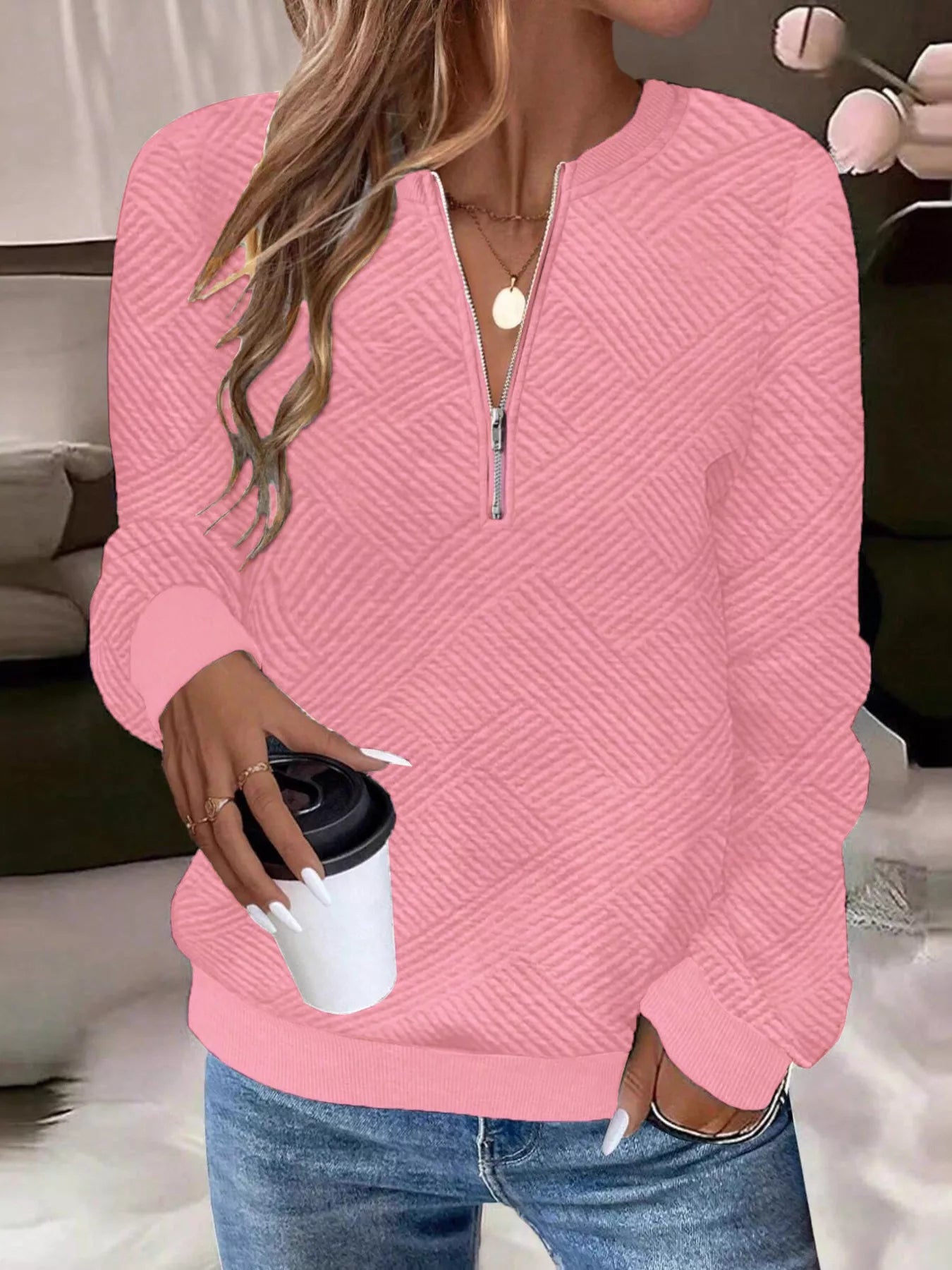Trendsi Textured Quarter-Zip Sweatshirt -