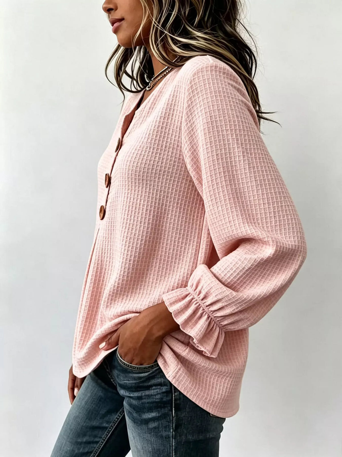 Waffle-knit long sleeve top