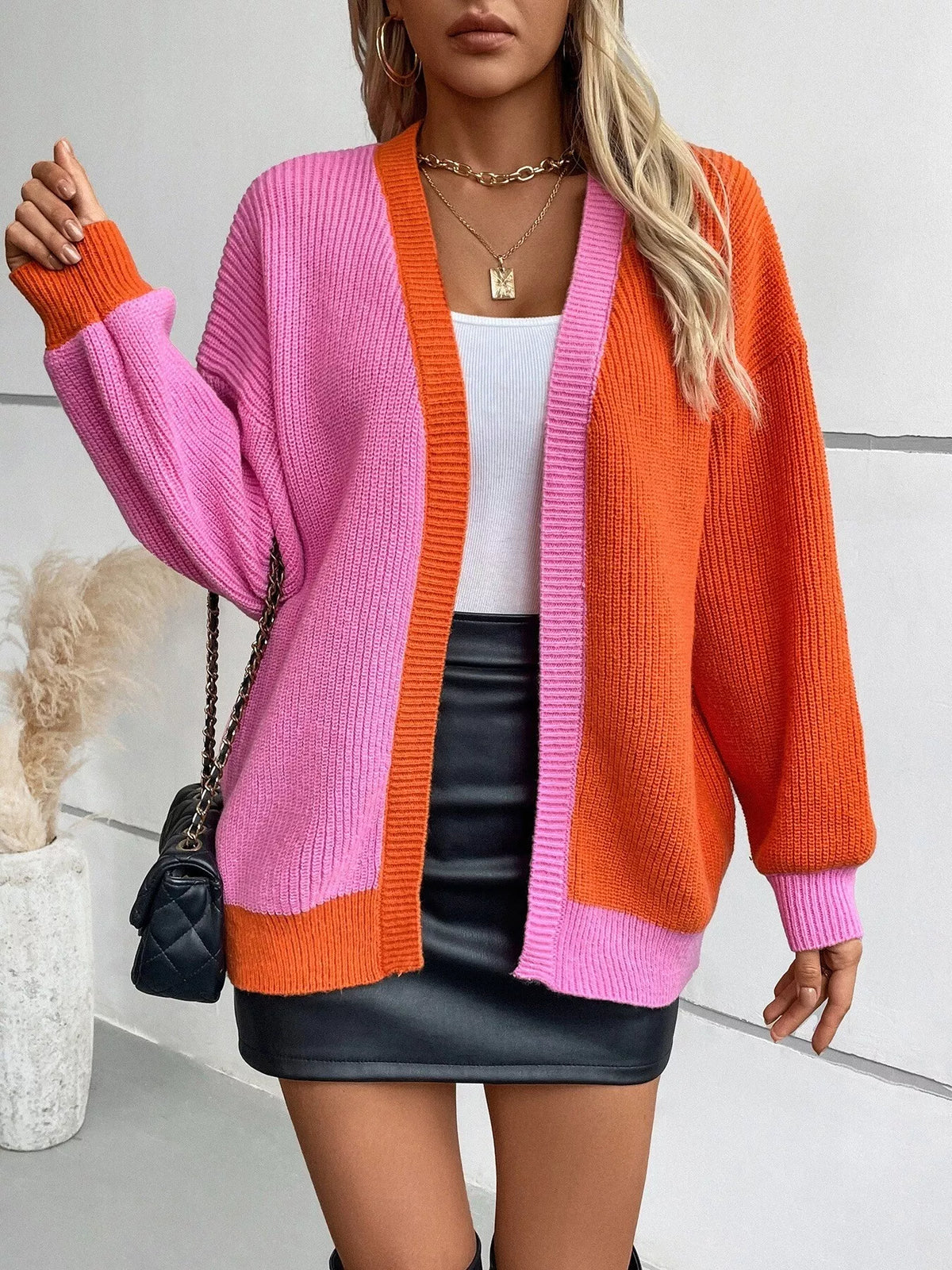 long sleeve cardigan, front view on model