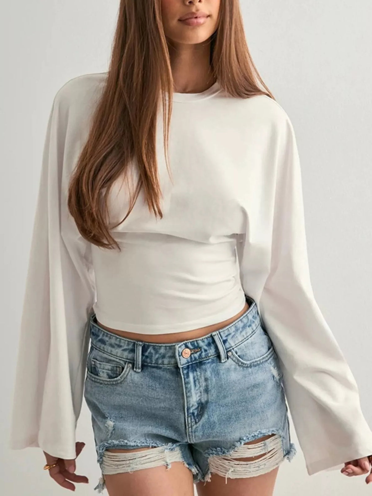 White Solid Long Sleeve Crew Neck Stretch T-Shirt front view
