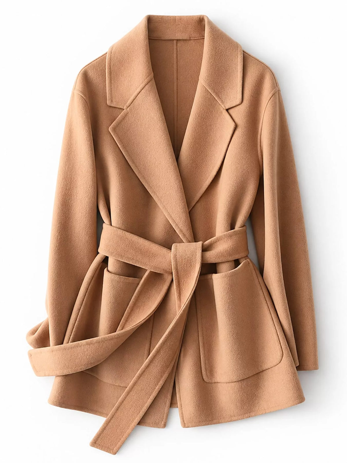 Camel belted double-sided wool coat