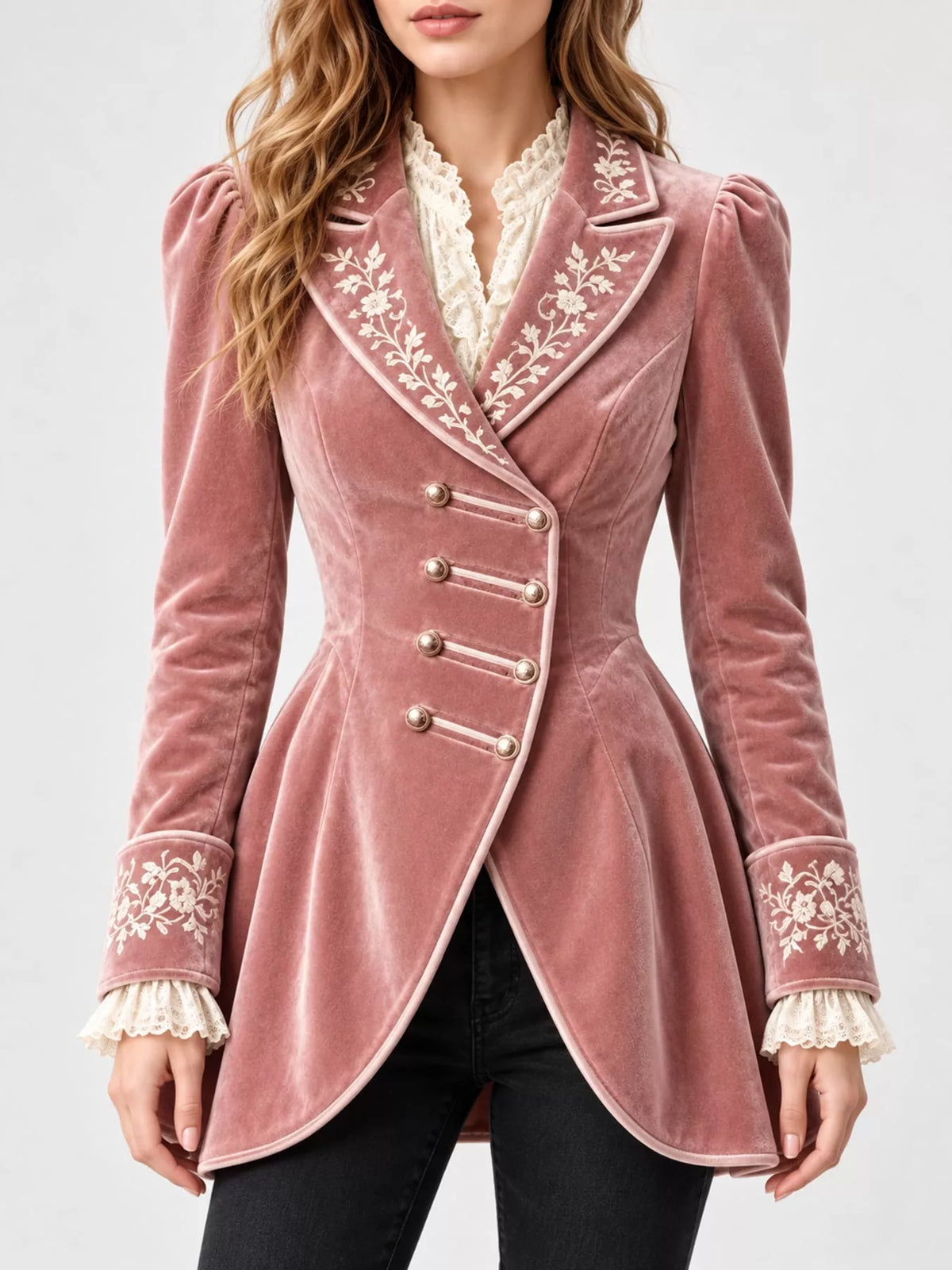 Pink embroidered velvet peplum blazer — front view