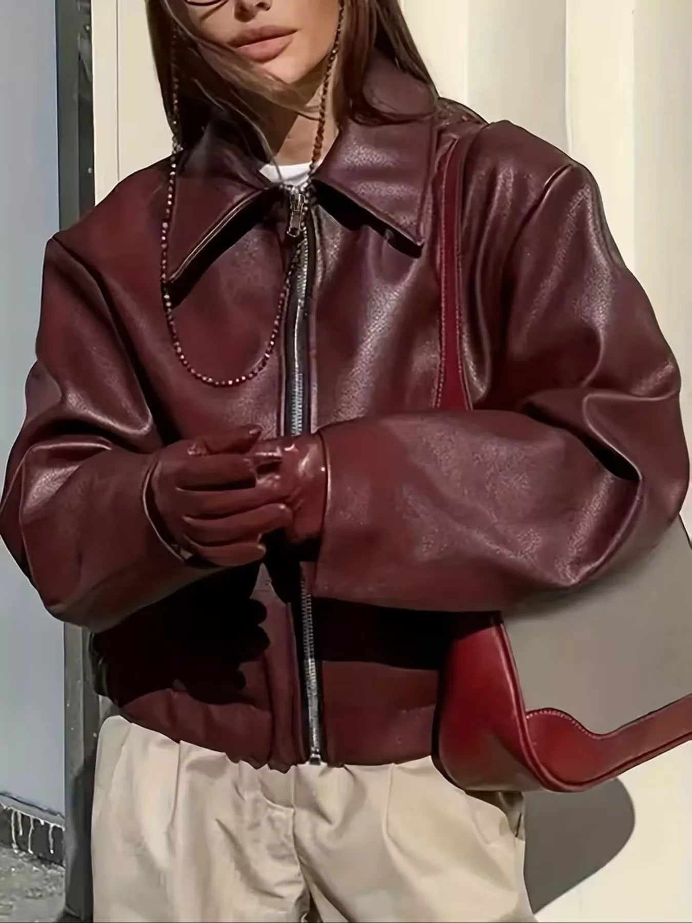 Trendsi Oversized Faux Leather Zip Up Moto Jacket -