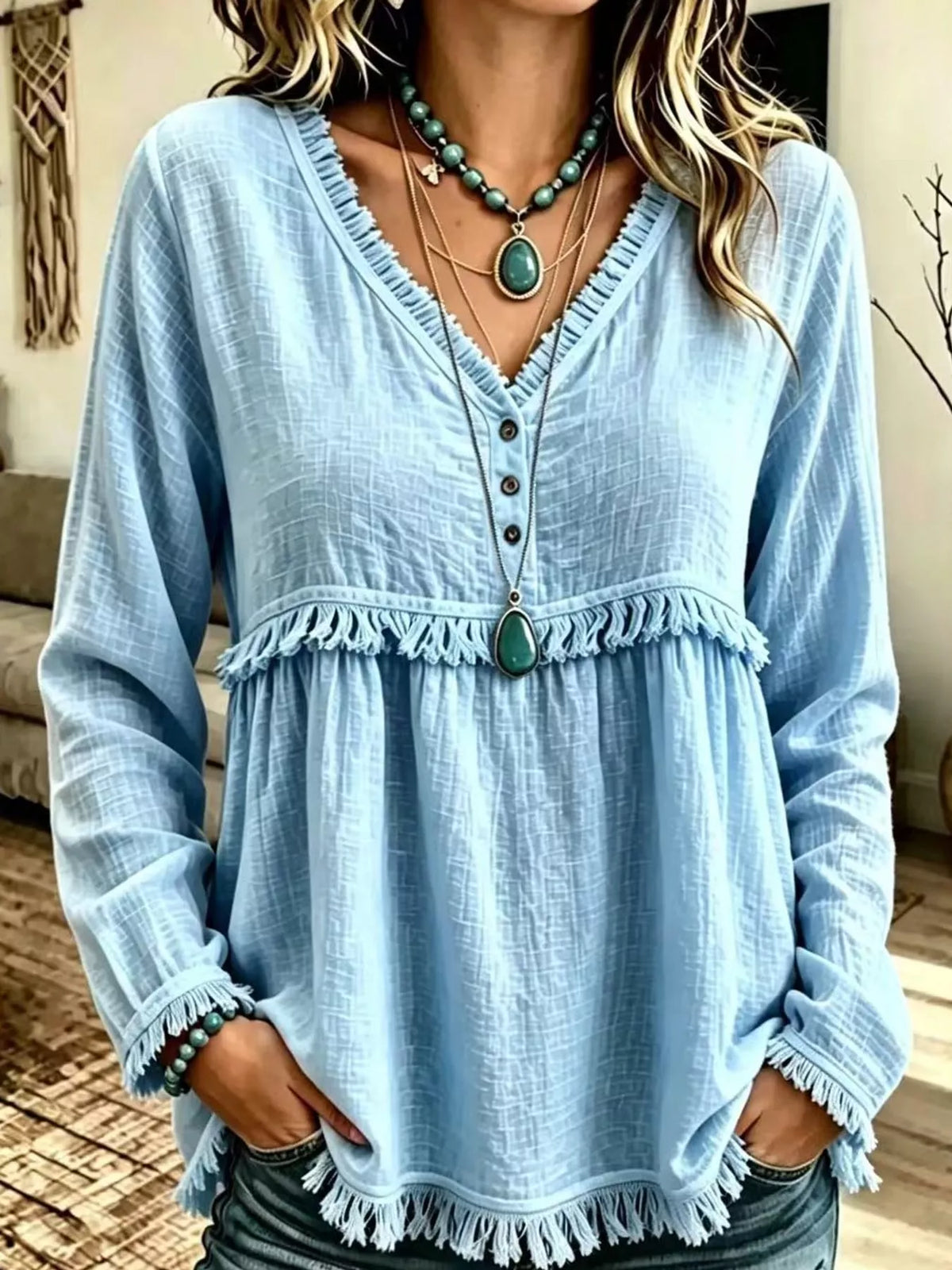 Fringe-trim blouse, light blue front button detail