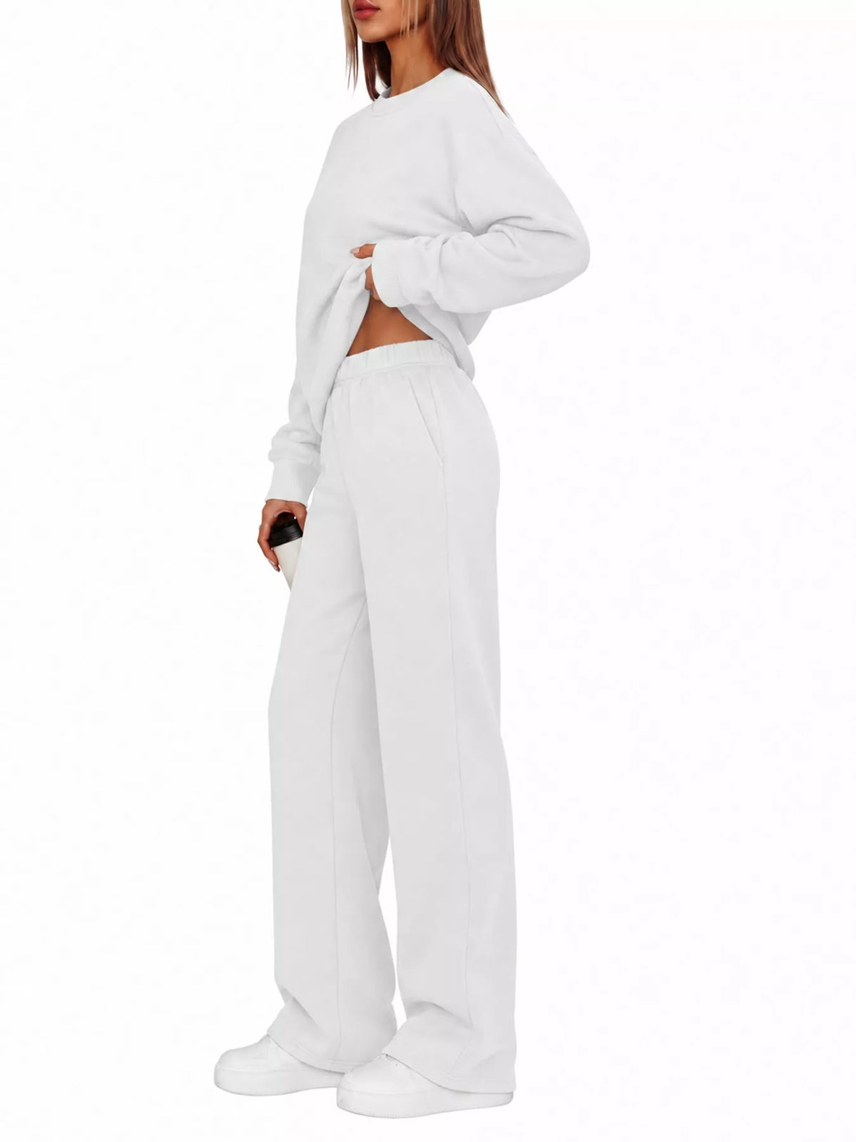 Crewneck Drop Shoulder Sweatshirt and Wide-Leg Pants Set — side view