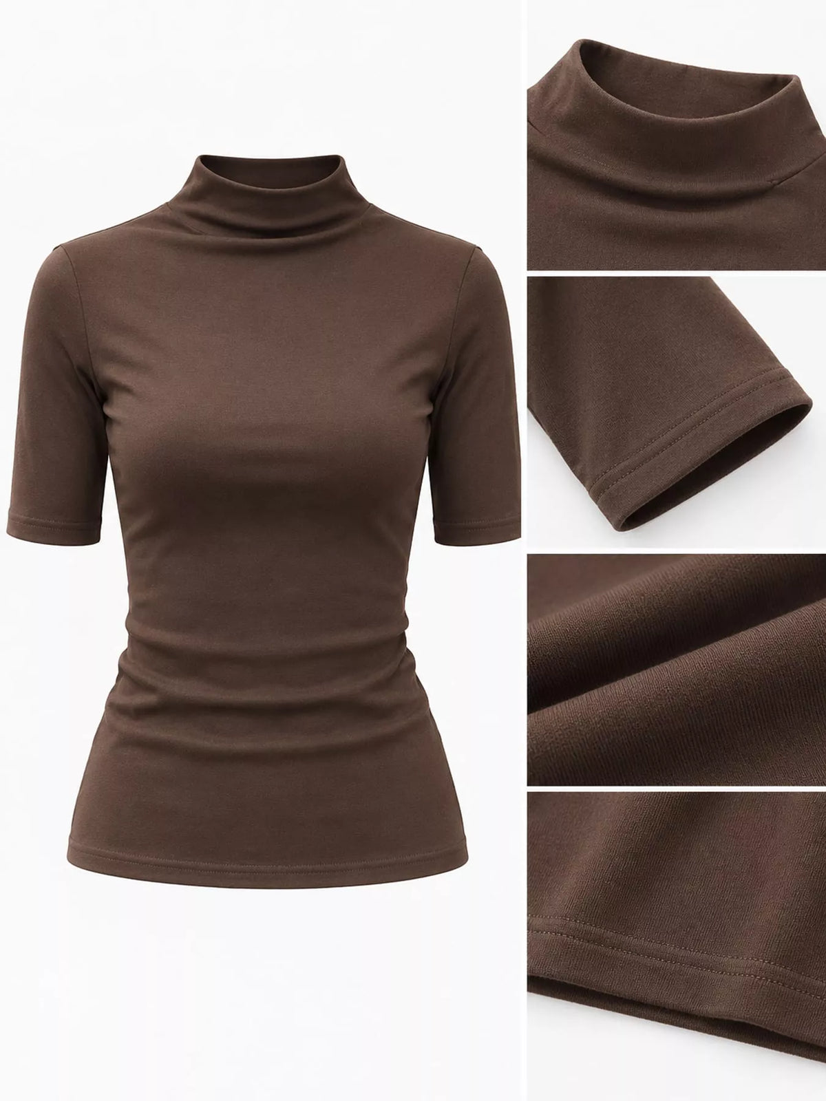 Brown mock neck half sleeve t-shirt, neckline, sleeve hem, and fabric texture