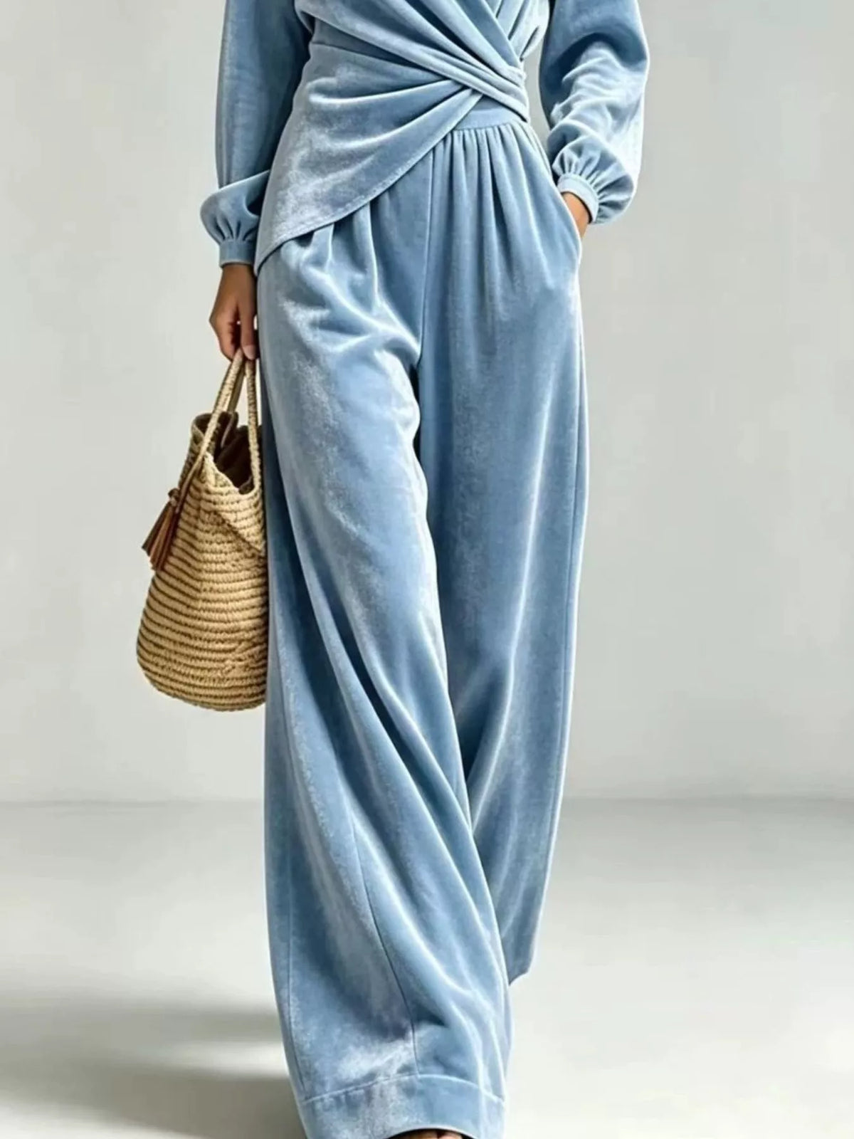 Light Blue Velvet Wrap-Front Top and Pants Set back view