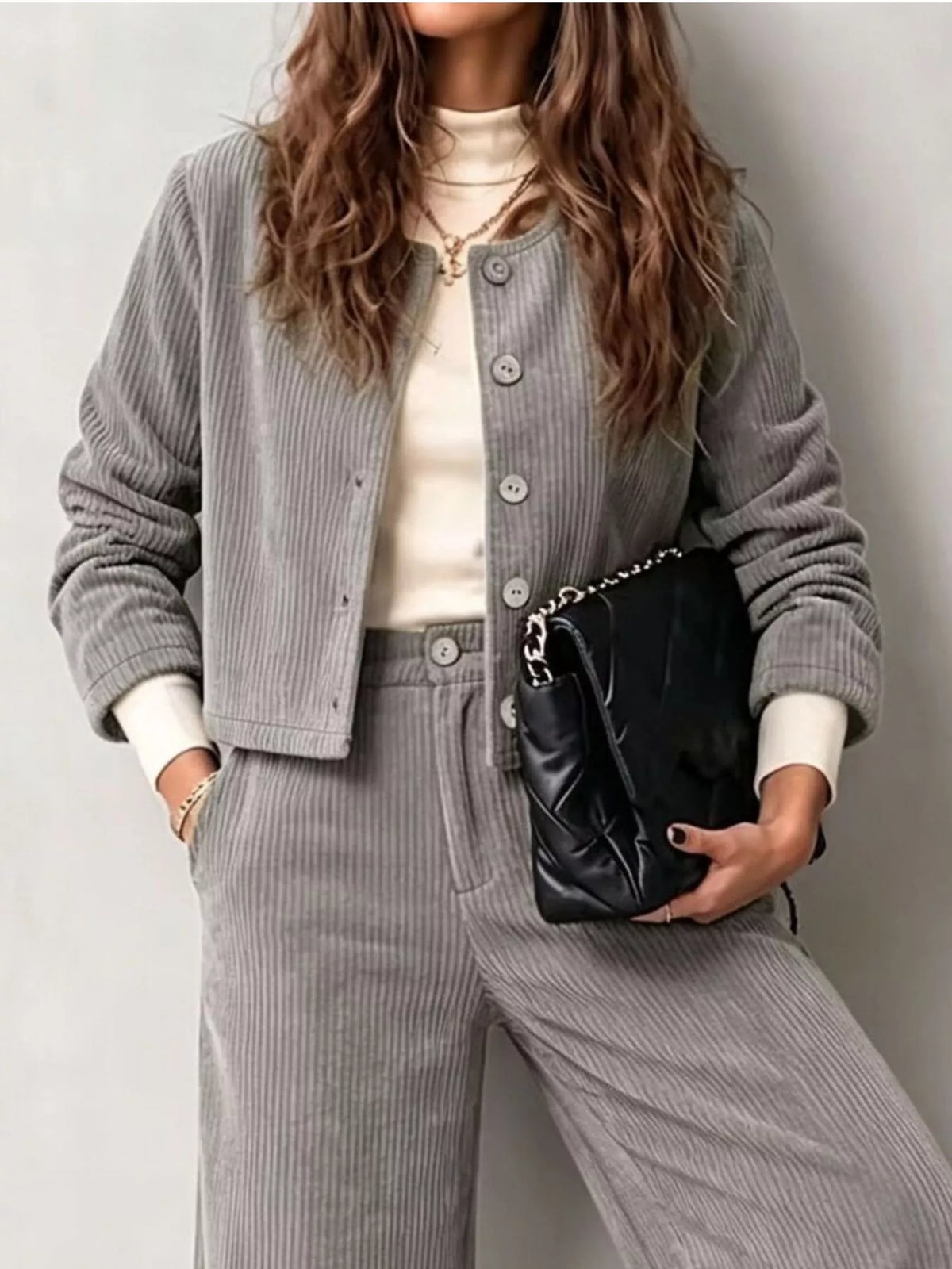 Women's Corduroy Button-Down Jacket and Wide-Leg Pants Two-Piece Set in gray — top detail view