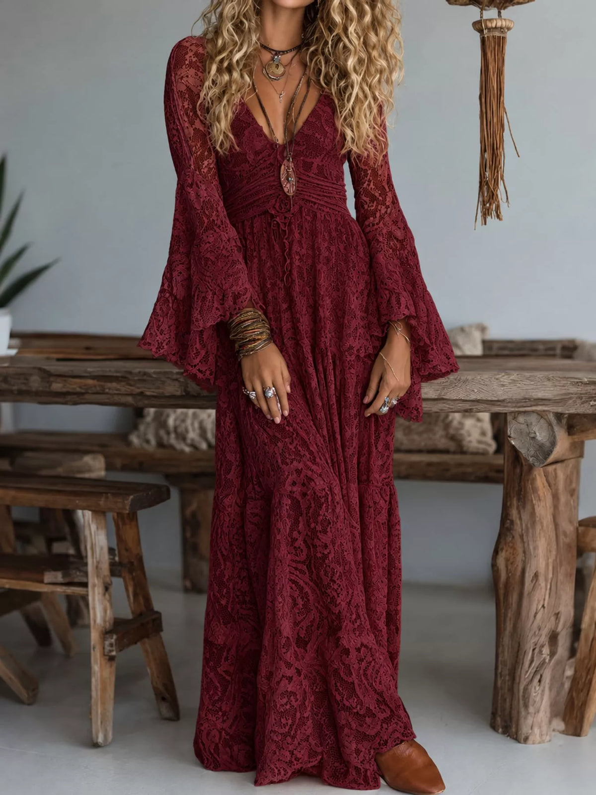 Lace maxi dress, burgundy front