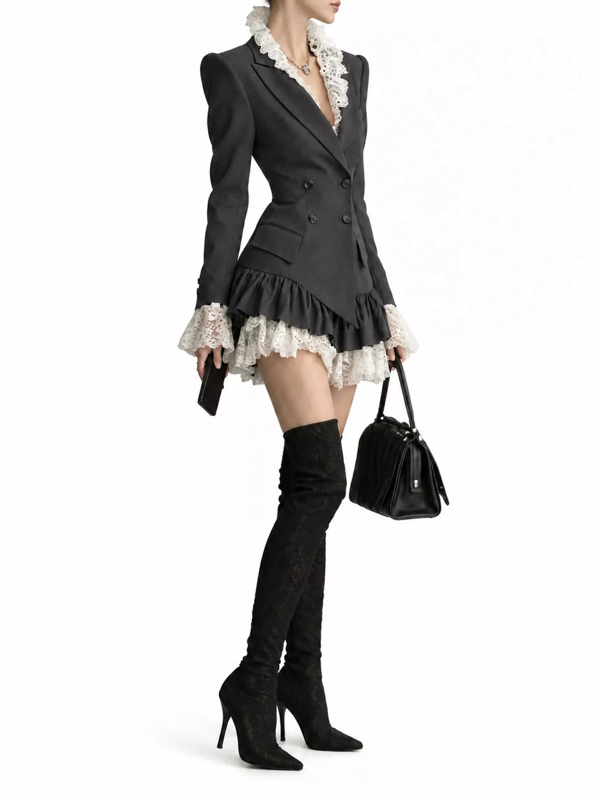 Black lace trim blazer dress, side view