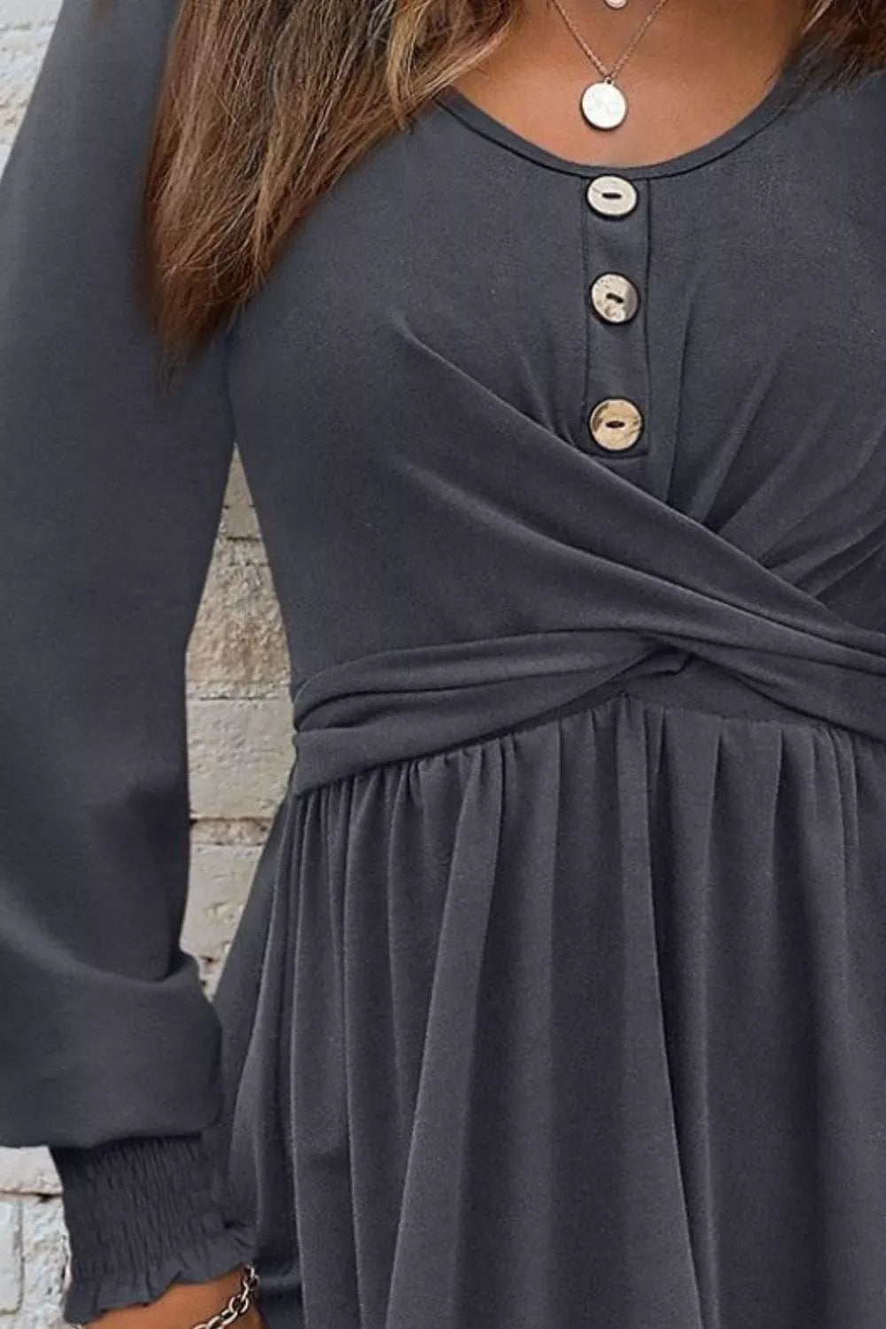 Trendsi Shirred Cuff Long Sleeve Button Round Neck Mini Dress -