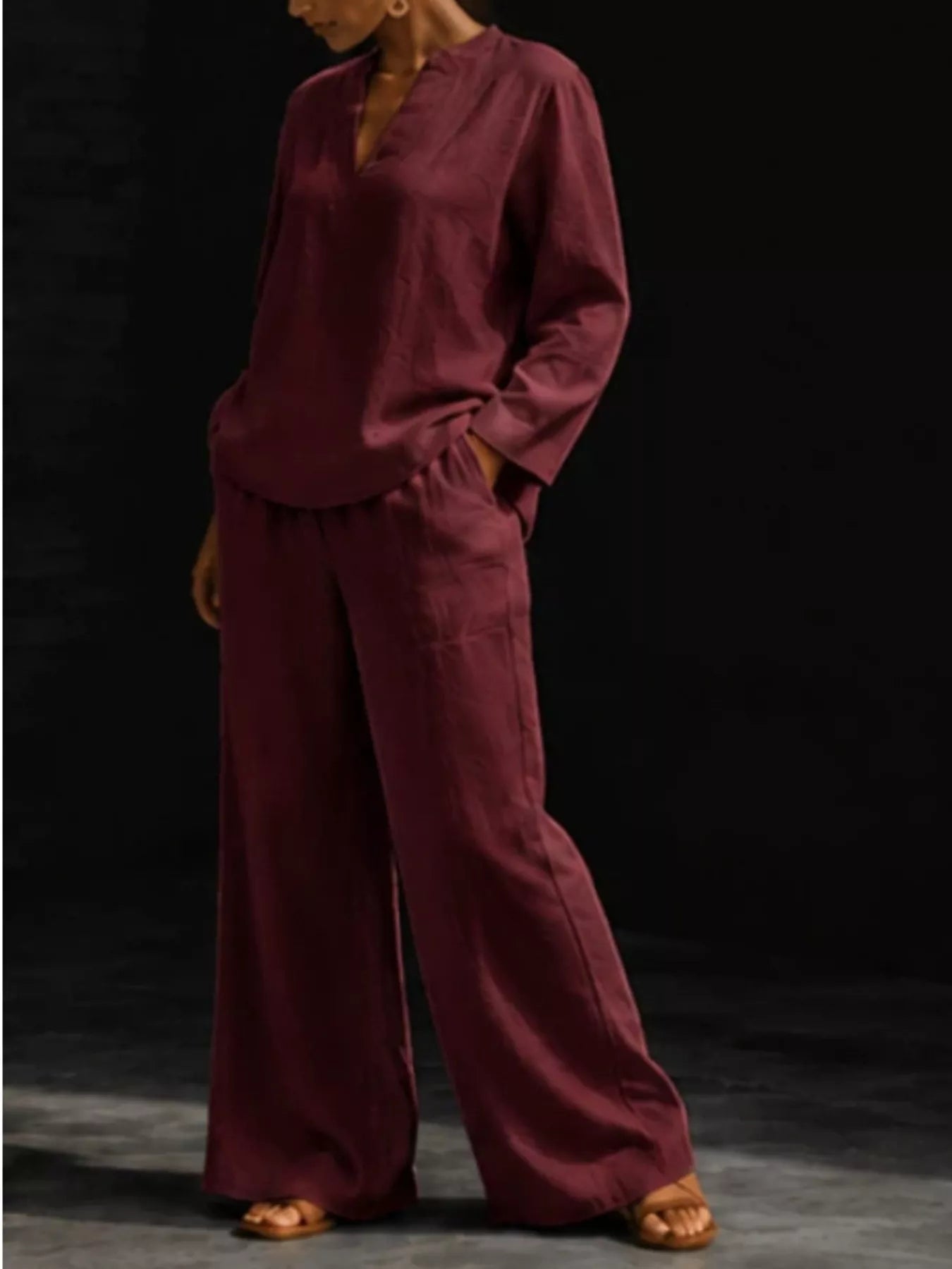 Trendsi Notched Long Sleeve Top and Pants Set -