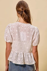 Trendsi SO ME Cotton Eyelet Front Tie Short Sleeves Blouse -