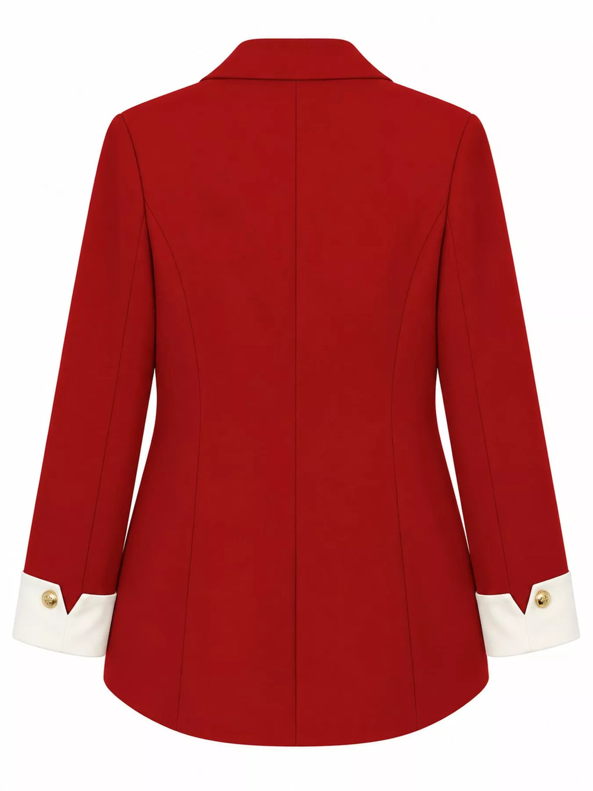 Red single-breasted blazer with gold-tone buttons, back view