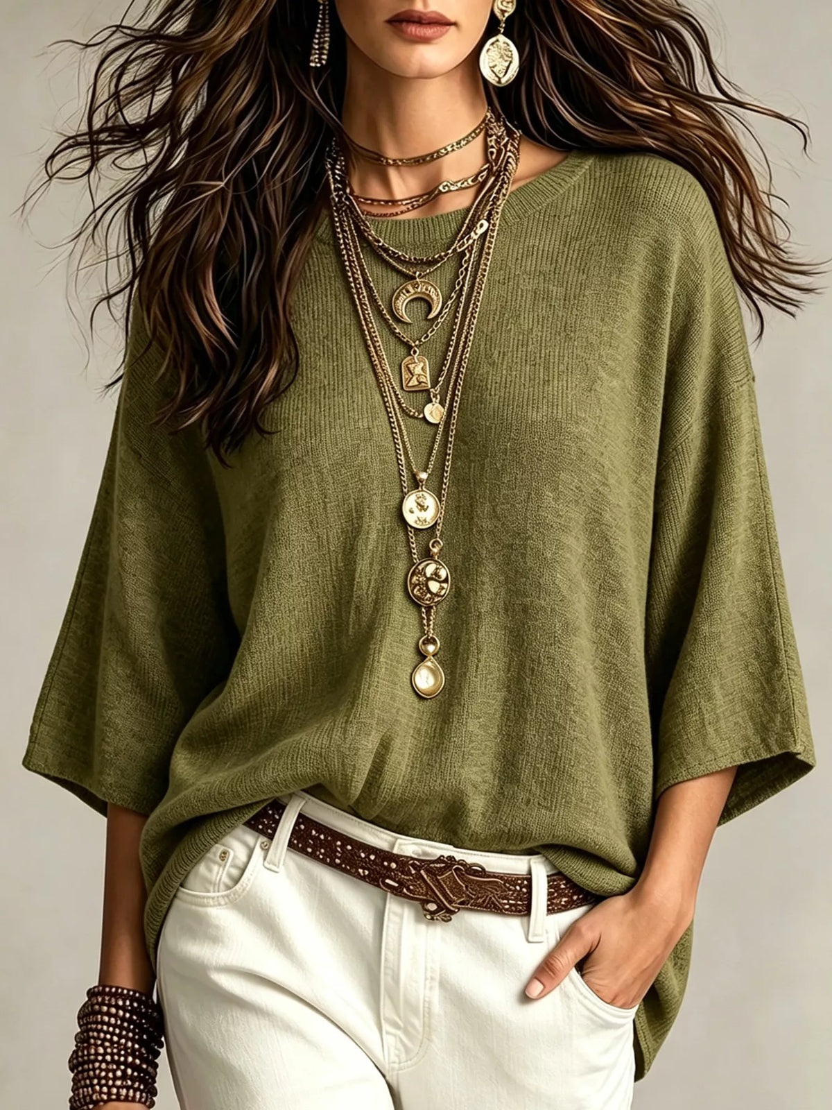 Women's Round Neck 3/4 Sleeve Knit Top in Green, alternate view