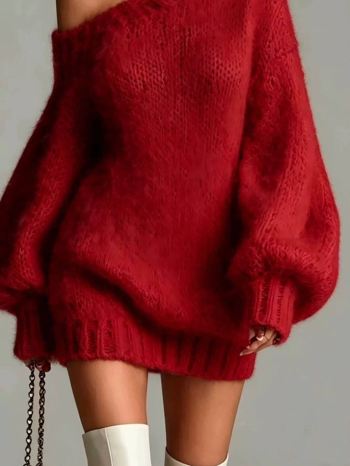 Deep Red one shoulder mini sweater dress, back view