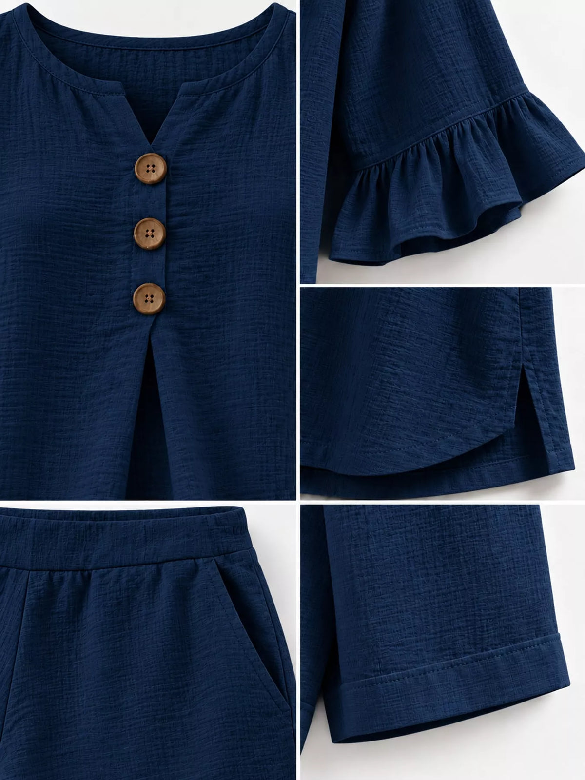 Decorative Button Blouse and Shorts Set, detail view in navy blue