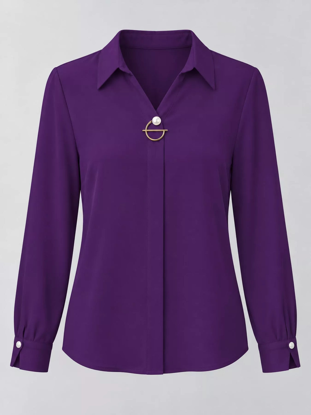 Women's Collared Clasp Detail Long Sleeve Satin Blouse in purple — flat lay view
