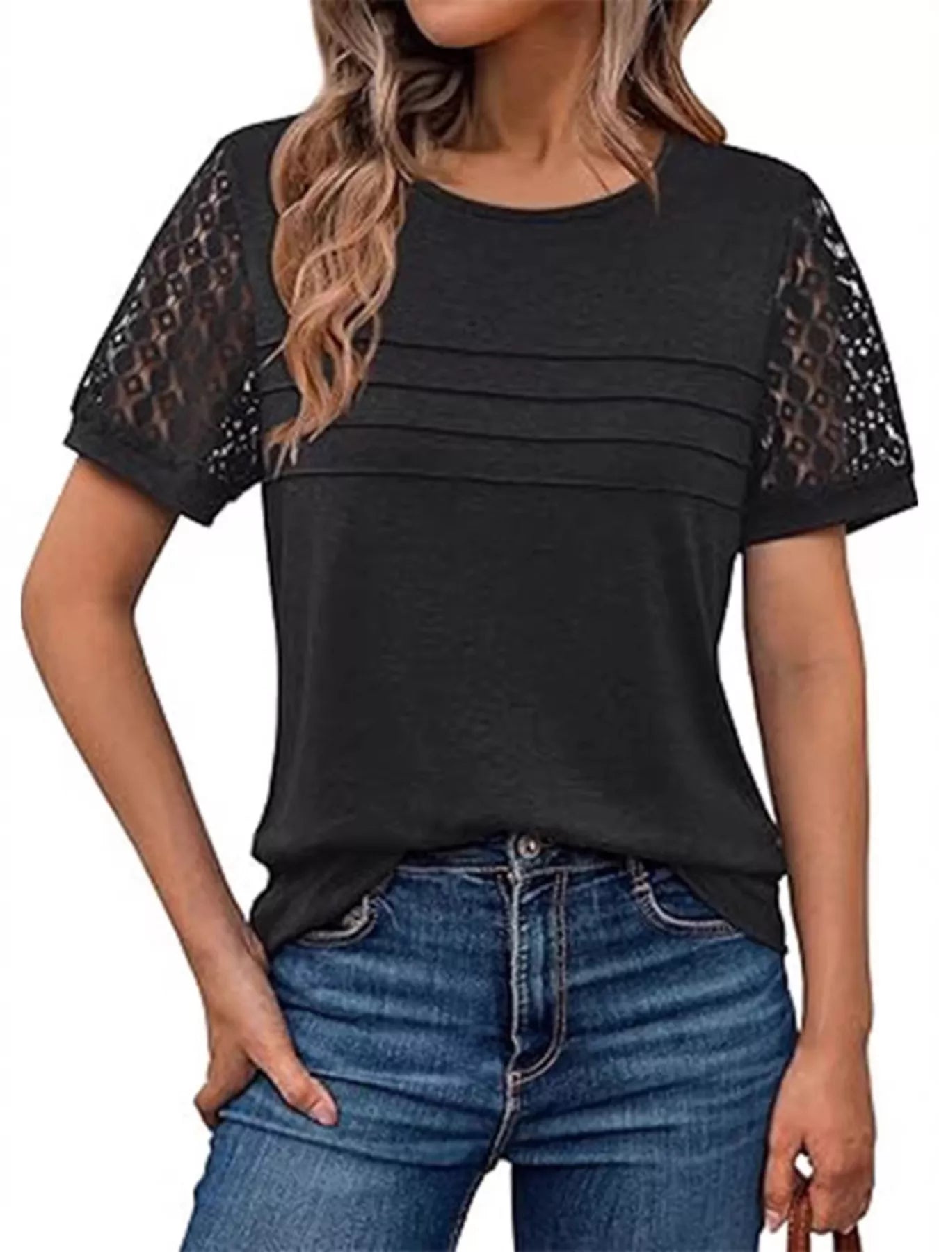 Trendsi Lace Short Sleeve Round Neck T-Shirt -