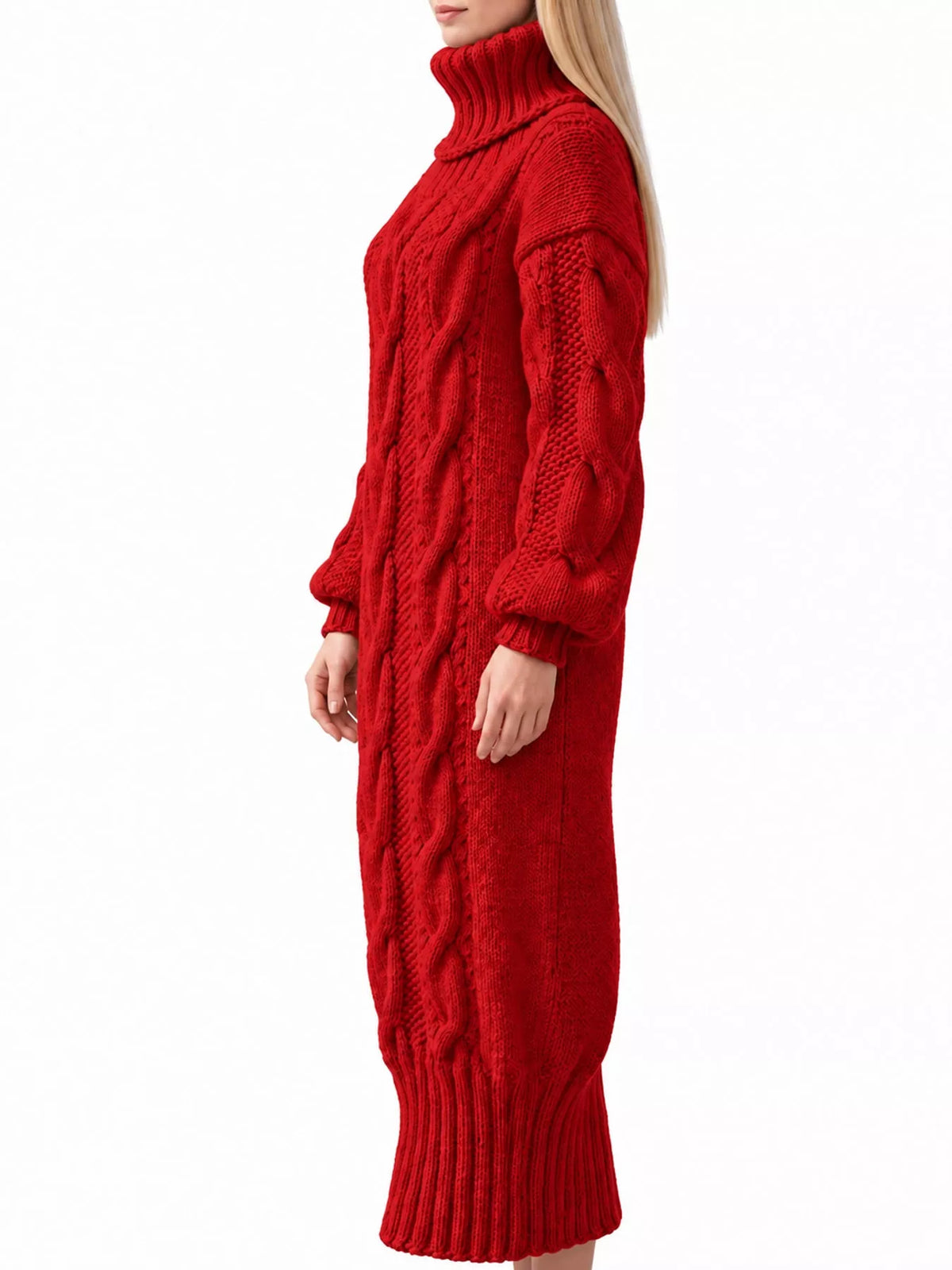 Red oversized cable knit turtleneck sweater dress